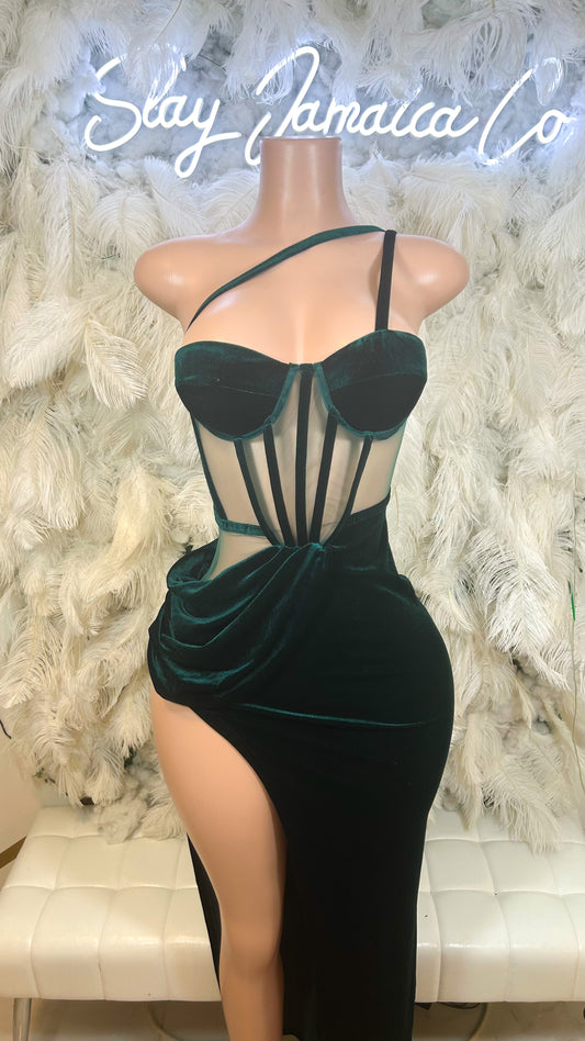 Queen Treatment Velvet Ruched Split Midi Dress - Hunter Green