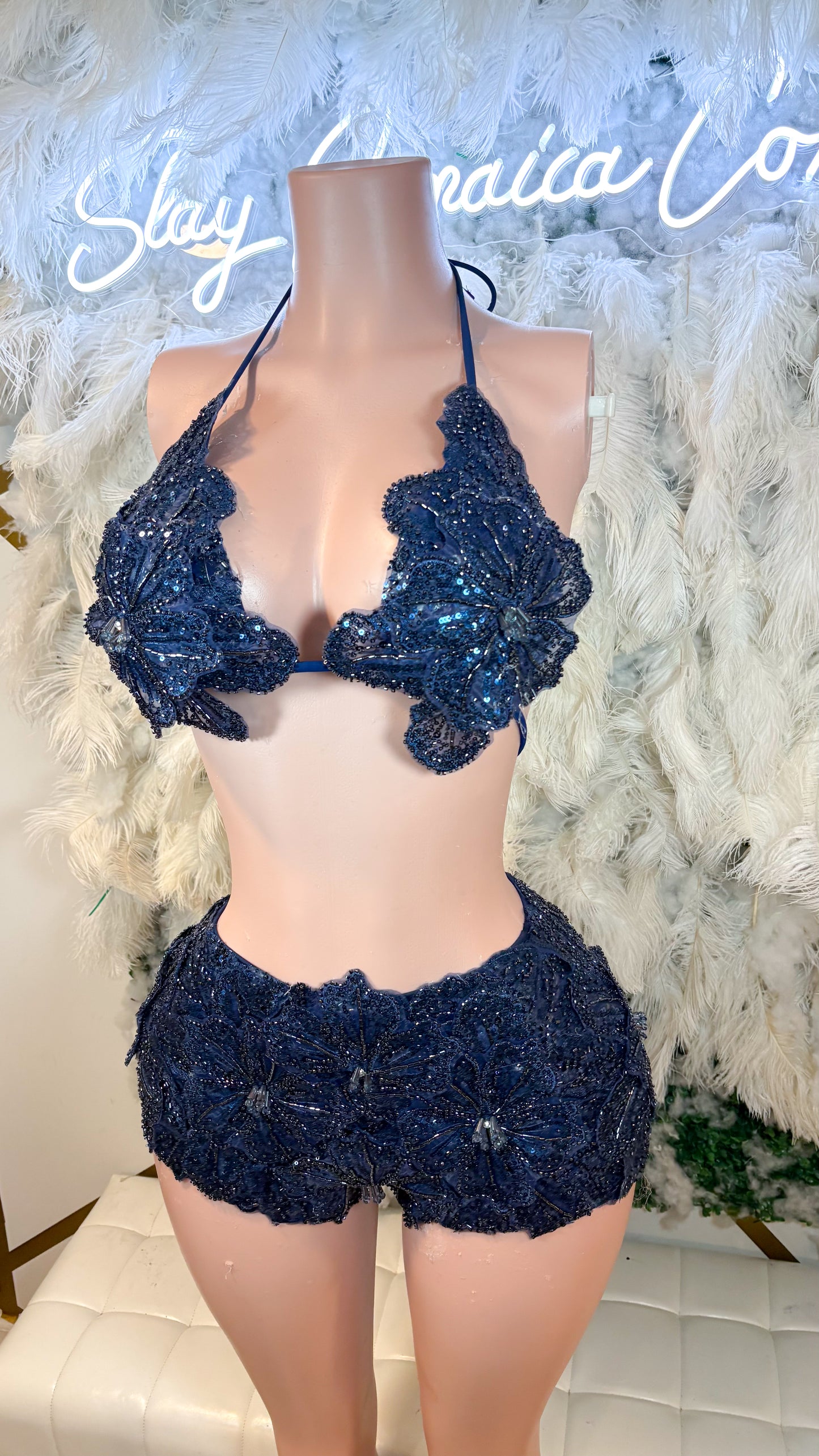 READY TO SHIP Seychelles  Doll Floral Sequin Shorts Set - Navy Blue