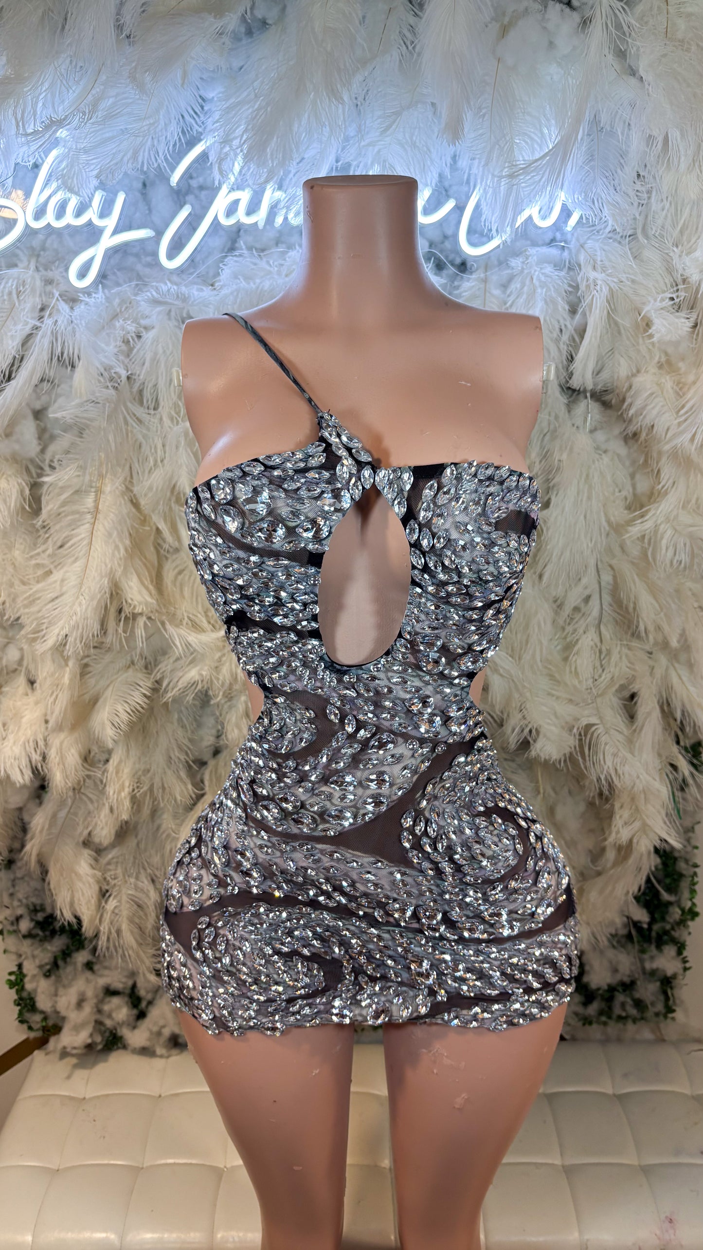 READY TO SHIP Swirls Of Grey Rhinestone Mesh Mini Dress