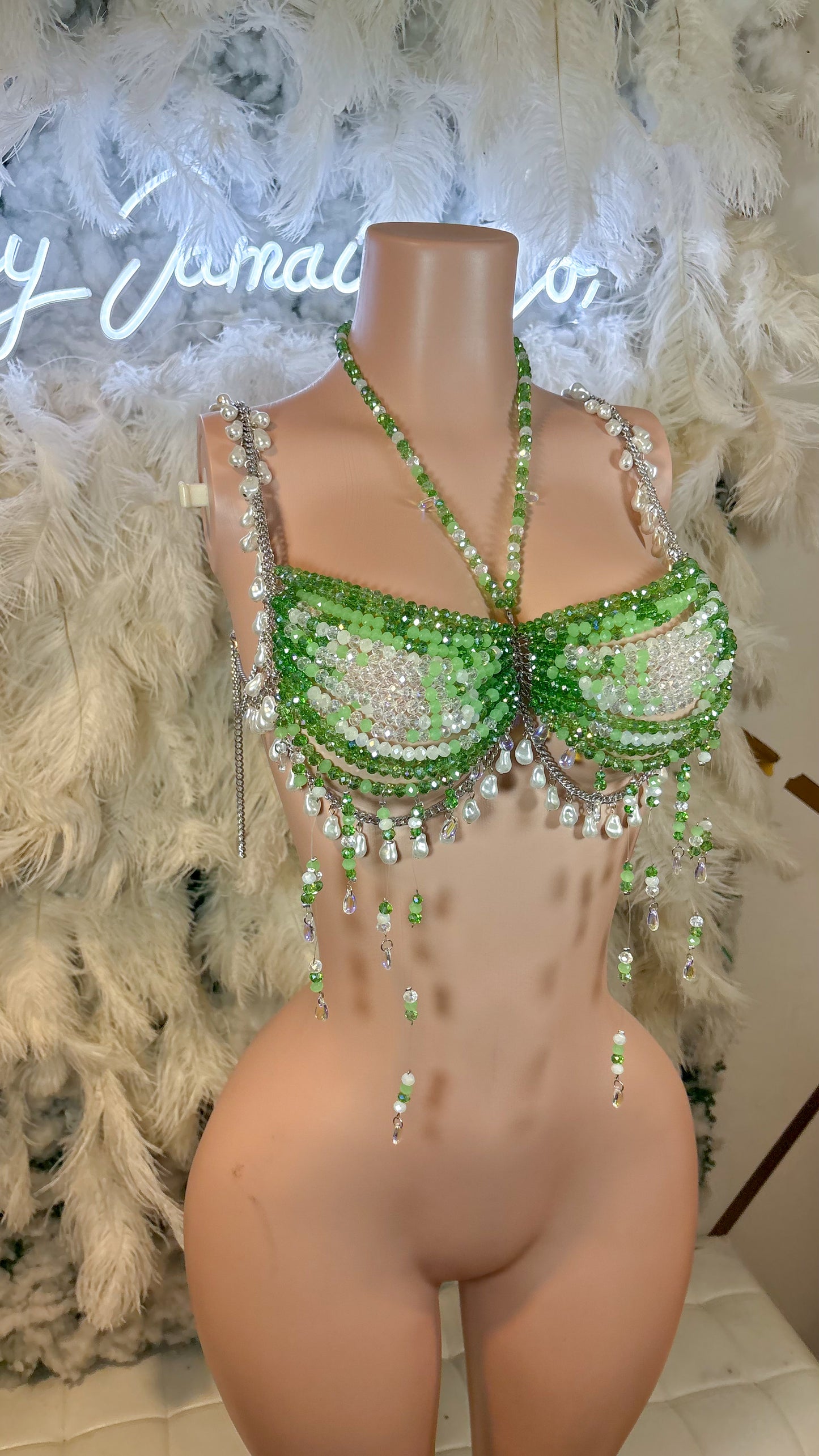 READY TO SHIP Tequila Sunrise Pearl Beaded Top - Green/white