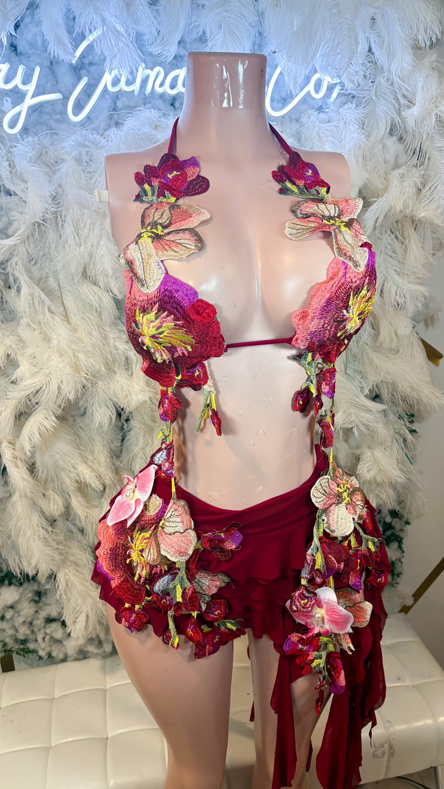 Hawaiian Mojito Sunrise Floral Skirt Set - Burgundy Combo