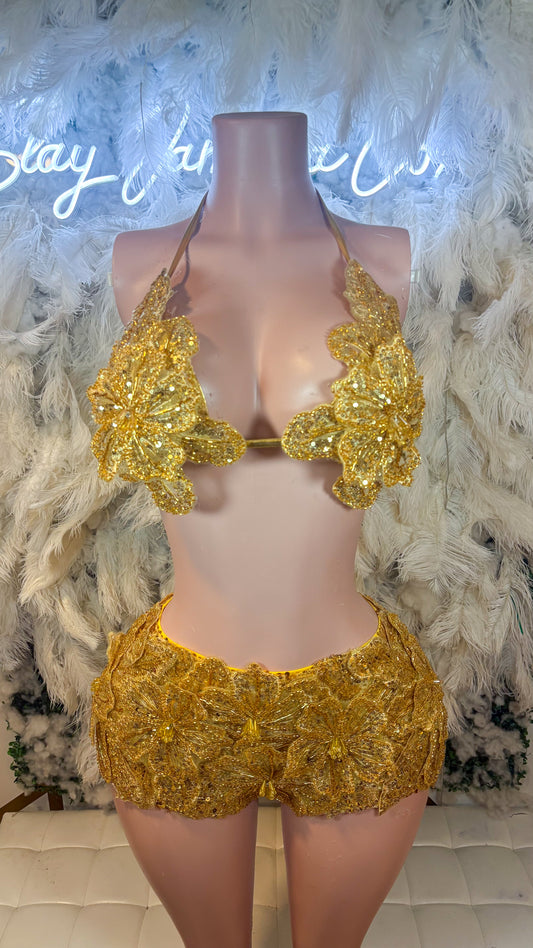 Seychelles Doll Floral Sequin Shorts Set - Gold