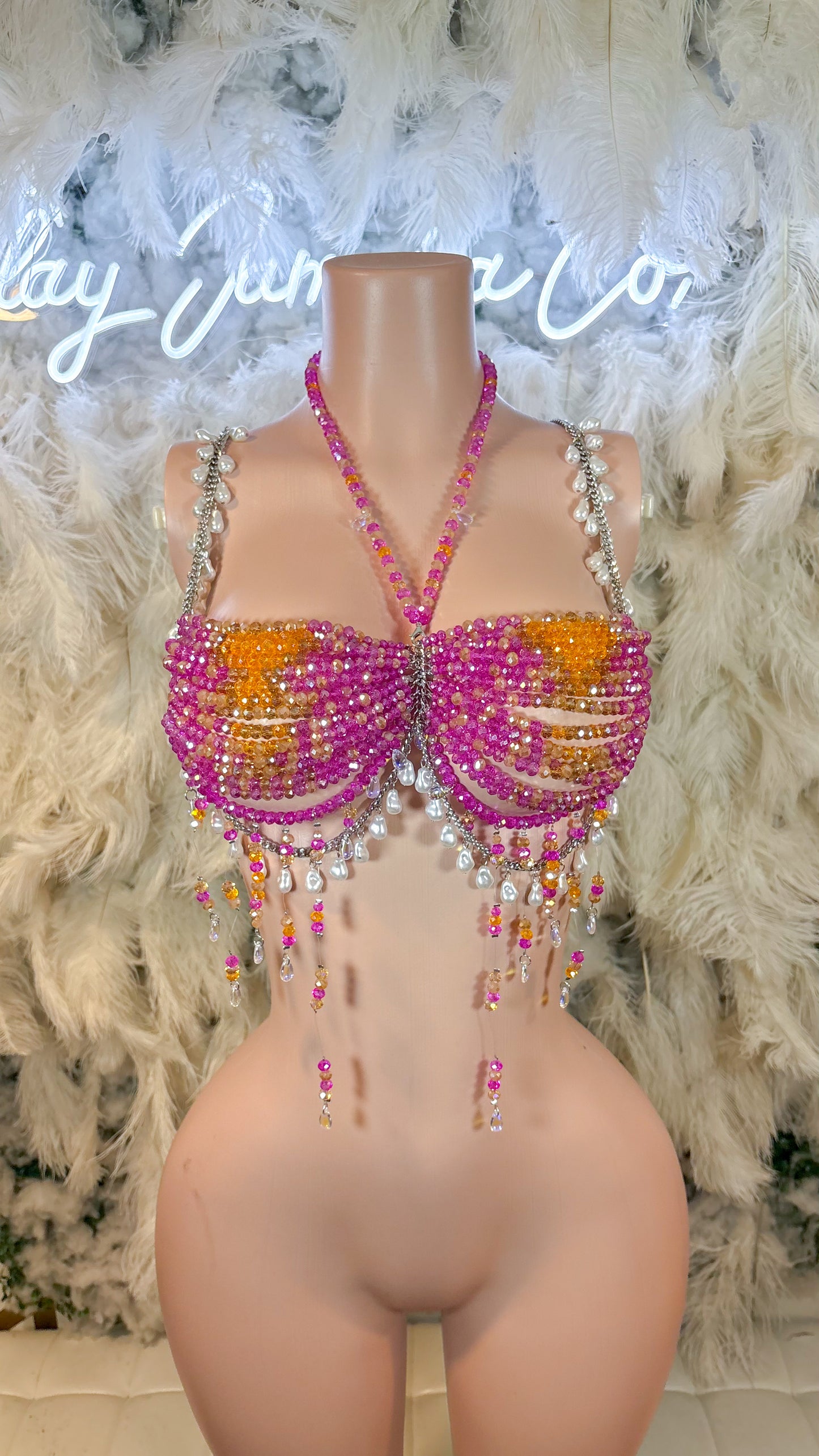 READY TO SHIP Tequila Sunrise Pearl Beaded Top - Pink/ Orange