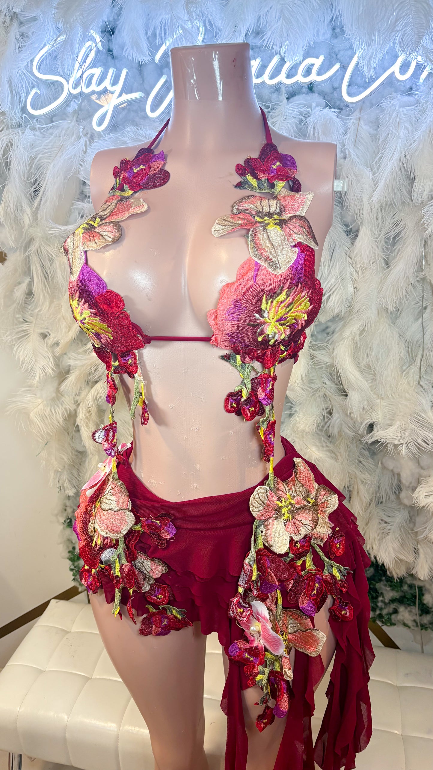 Hawaiian Mojito Sunrise Floral Skirt Set - Burgundy Combo