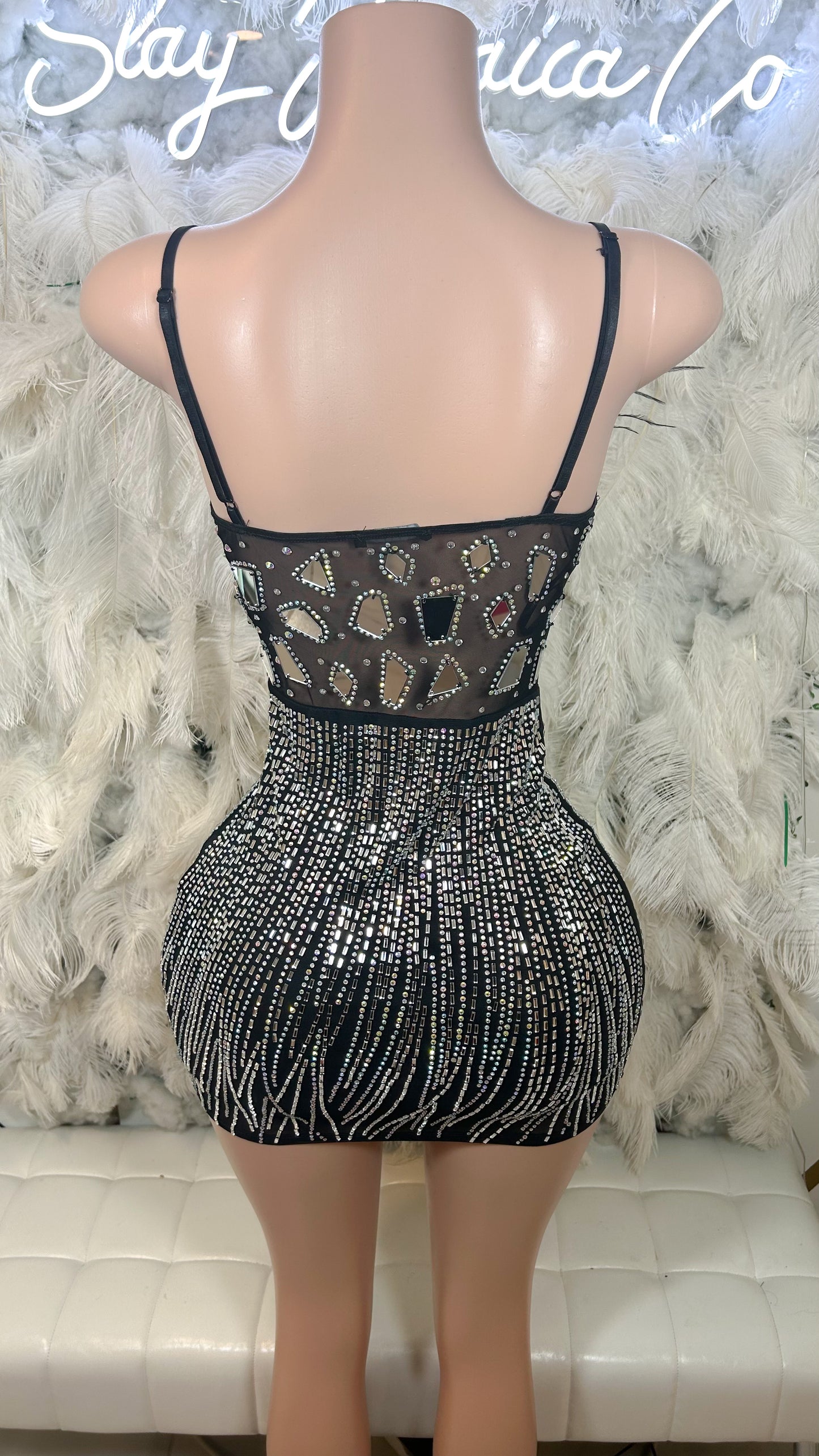 The Hottest Topic Feather Rhinestones Glass Mini Dress -Black
