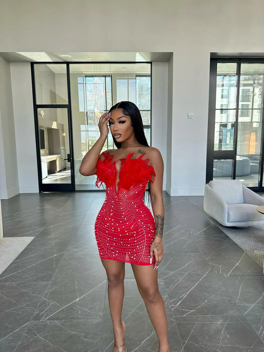 Baddest In The Room Pearl Mesh Mini Dress - Red