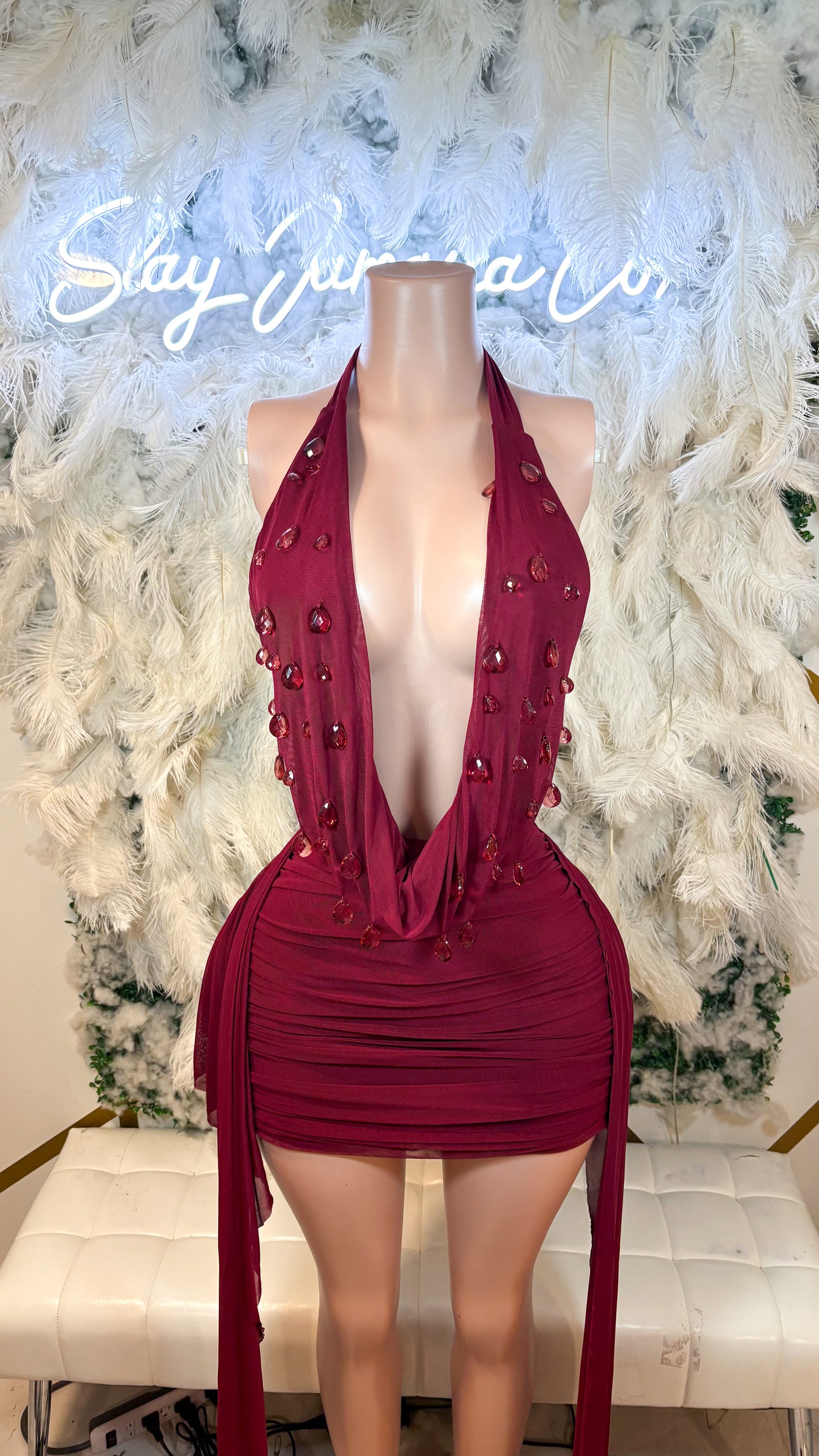 Drops Of Luxury Ruched halter Mini Dress - Wine