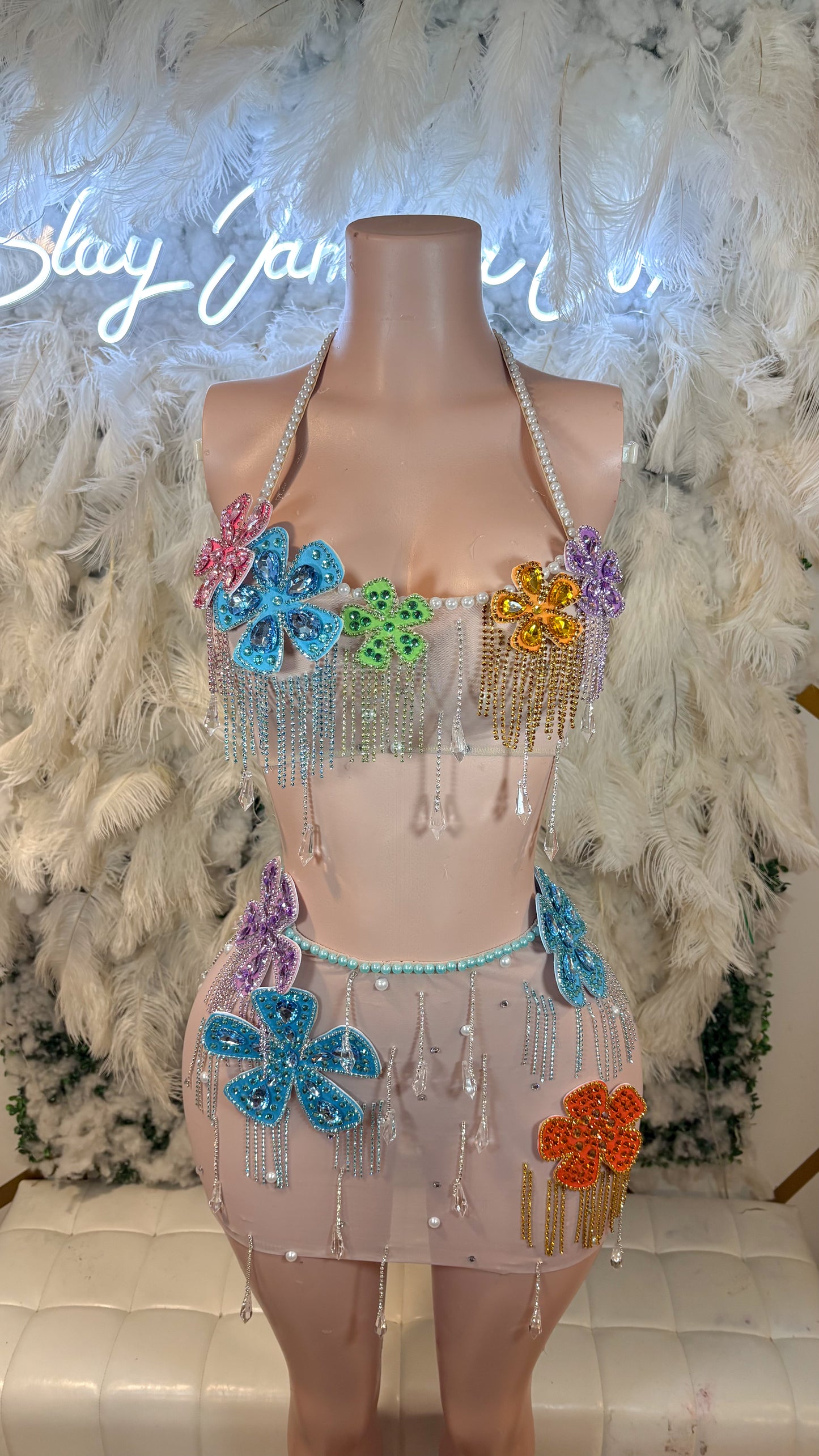 Shimmery Lights Mesh Rhinestone Skirt Set