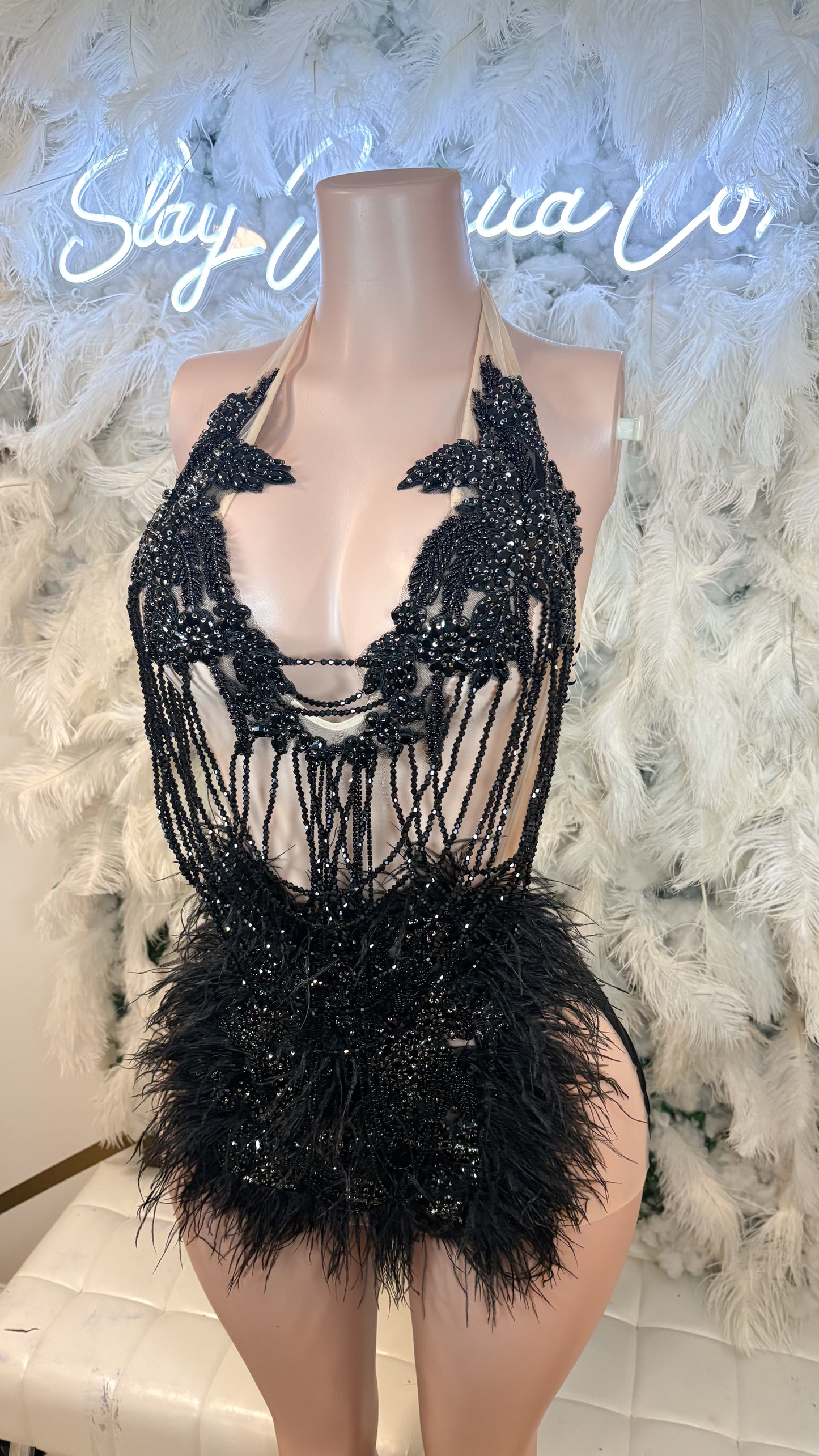 READY TO SHIP The Baddest Of Them All Feather Rhinestone Mini Dress