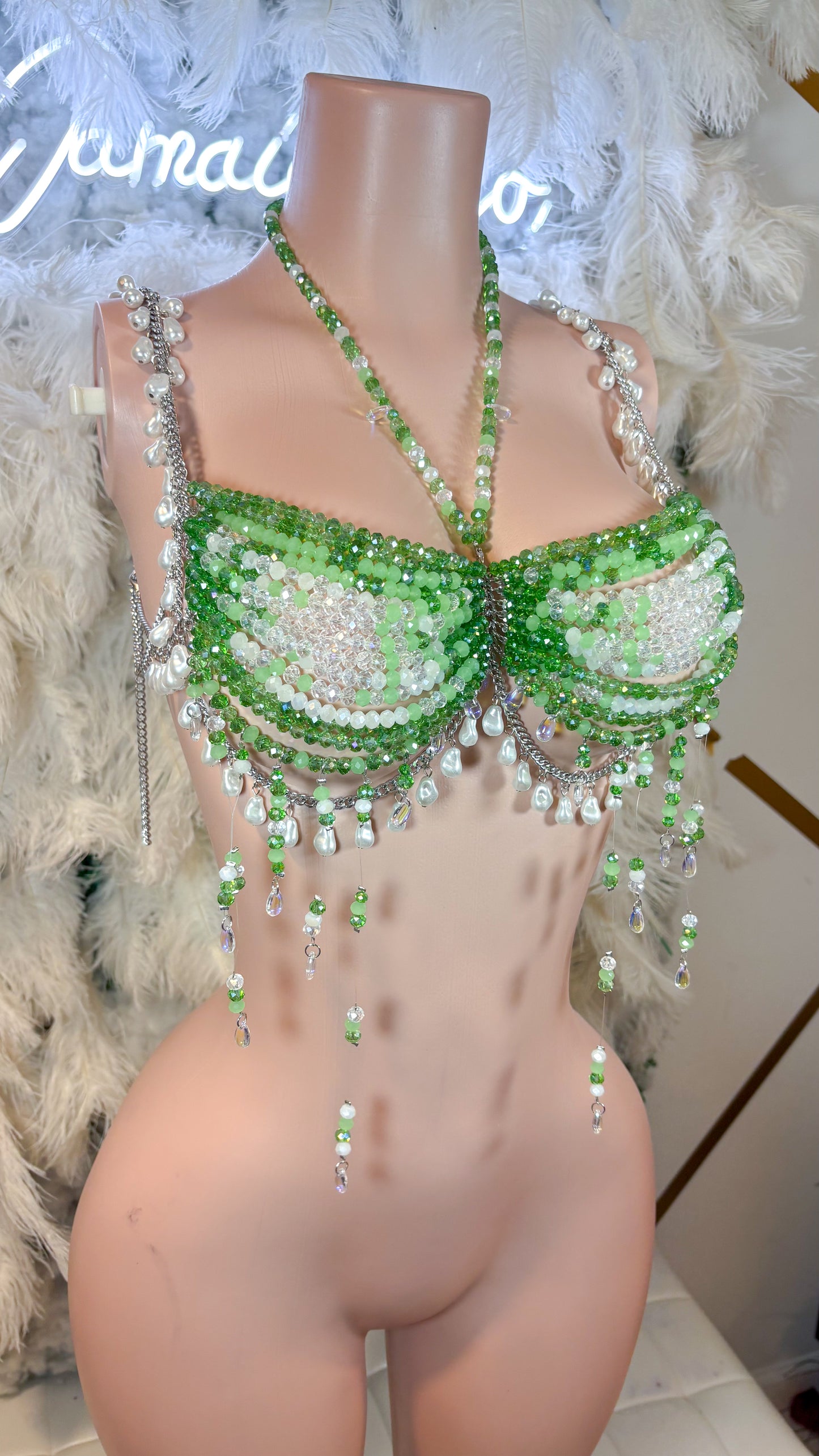 READY TO SHIP Tequila Sunrise Pearl Beaded Top - Green/white