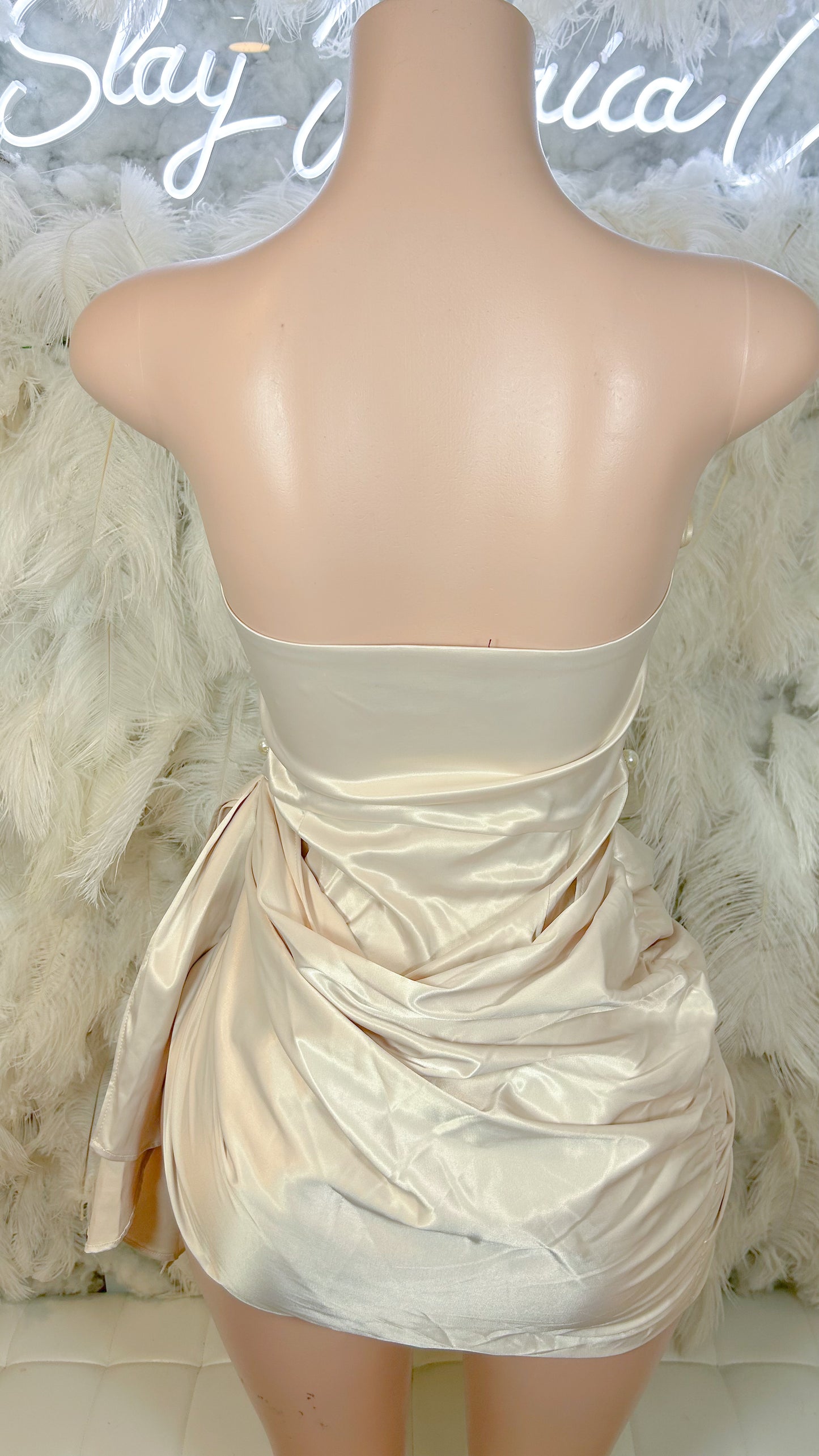 A Lady’s Desire Pearl Satin Ruched Mini Dress -Champagne