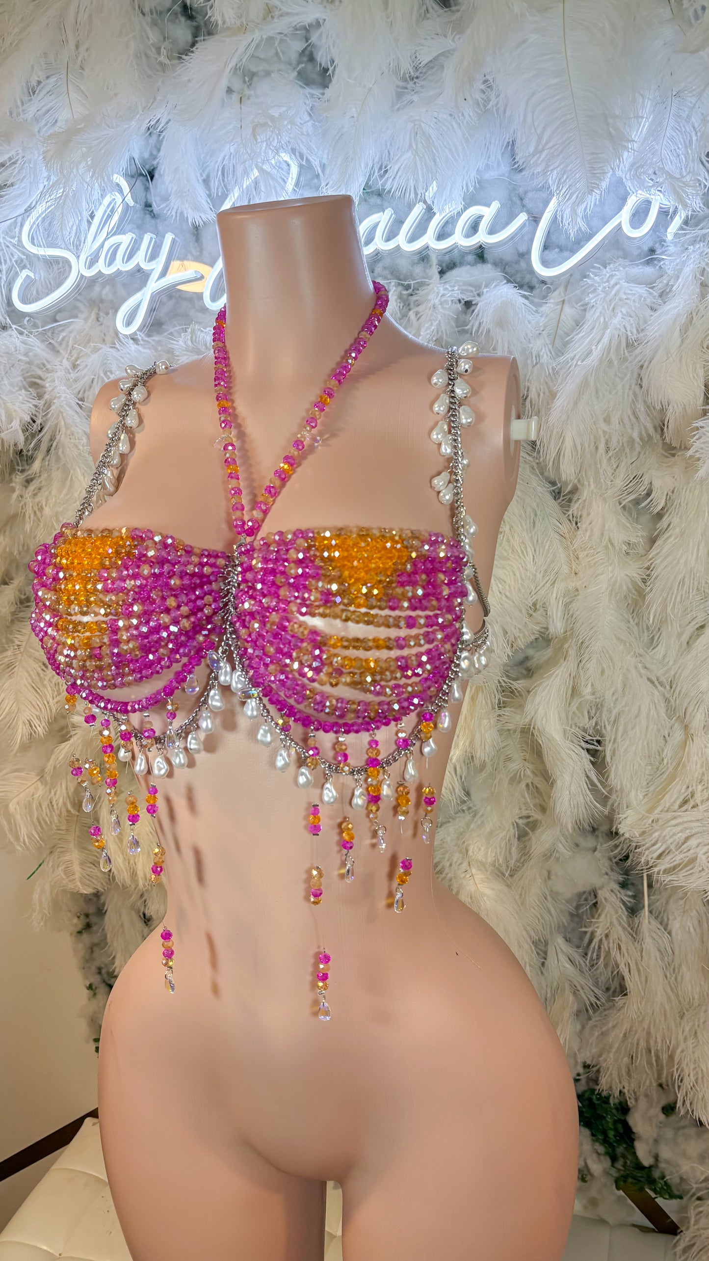 READY TO SHIP Tequila Sunrise Pearl Beaded Top - Pink/ Orange