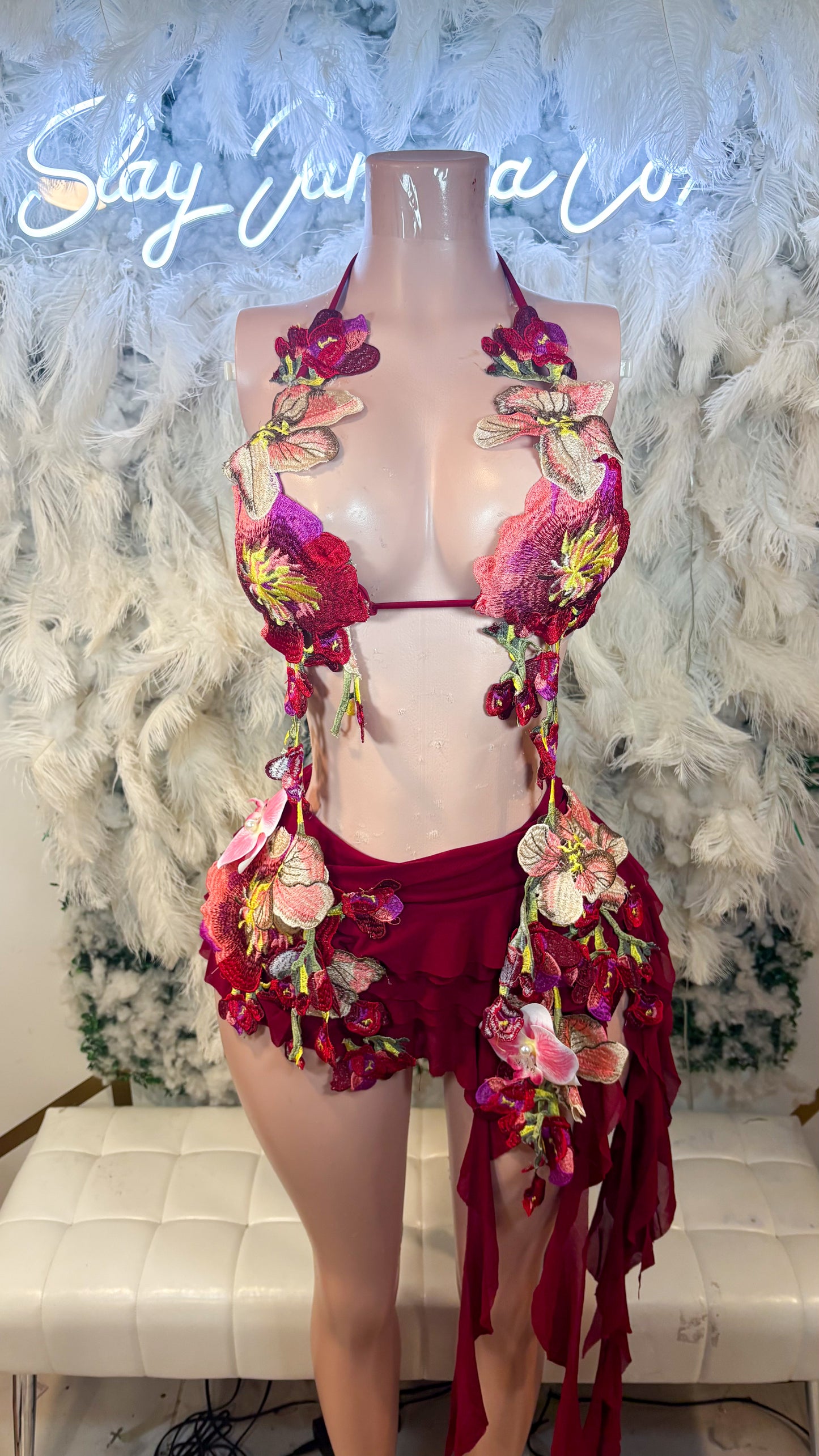 Hawaiian Mojito Sunrise Floral Skirt Set - Burgundy Combo