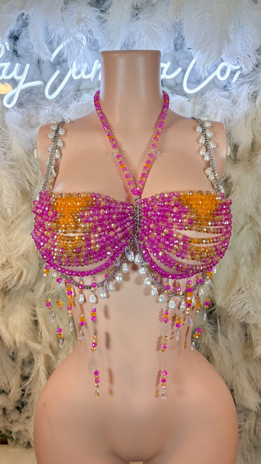 READY TO SHIP Tequila Sunrise Pearl Beaded Top - Pink/ Orange