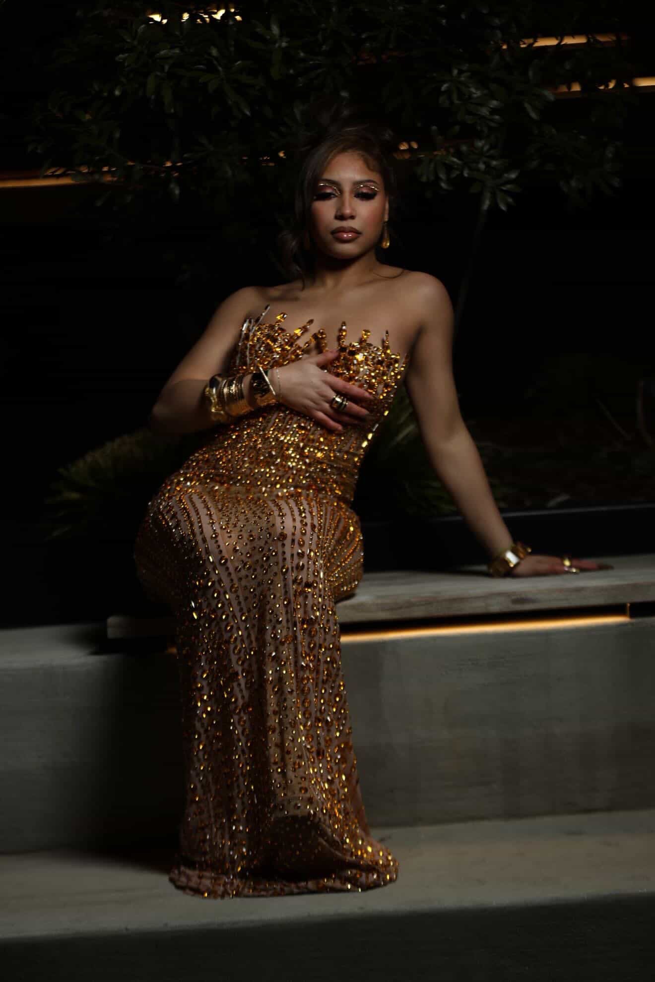 READY TO SHIP  Stunner Forever Rhinestone Maxi Dress -Gold