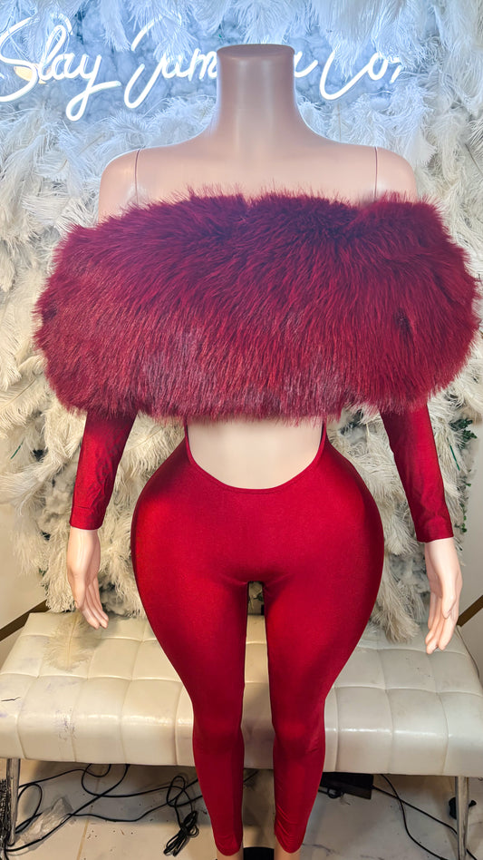 READY TO SHIP Femme Aura Fur Jumpsuit - Burgundy