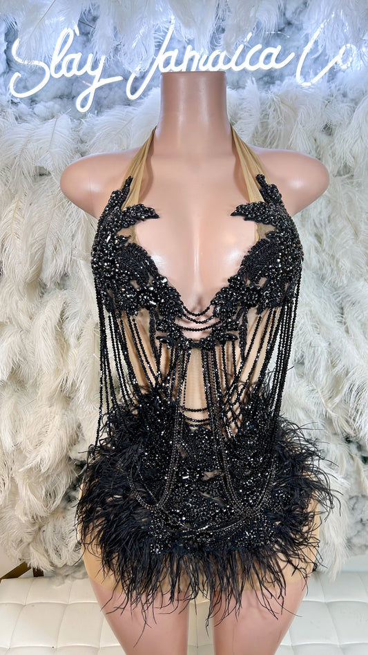 READY TO SHIP Dark Fantasy Rhinestone Feather Luxe Mini Dress