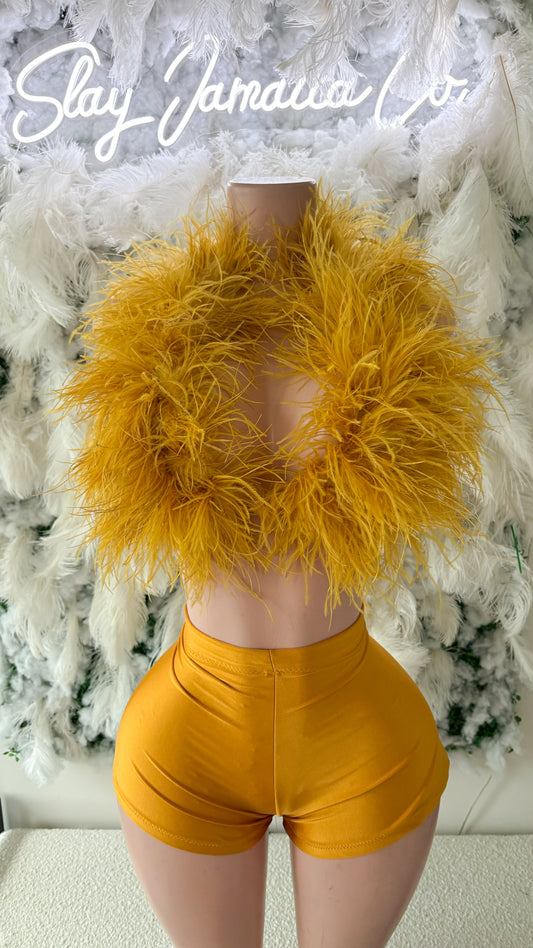 READY TO SHIP Limited Edition Golden Aura Mongolian Fur Feather Shorts Set