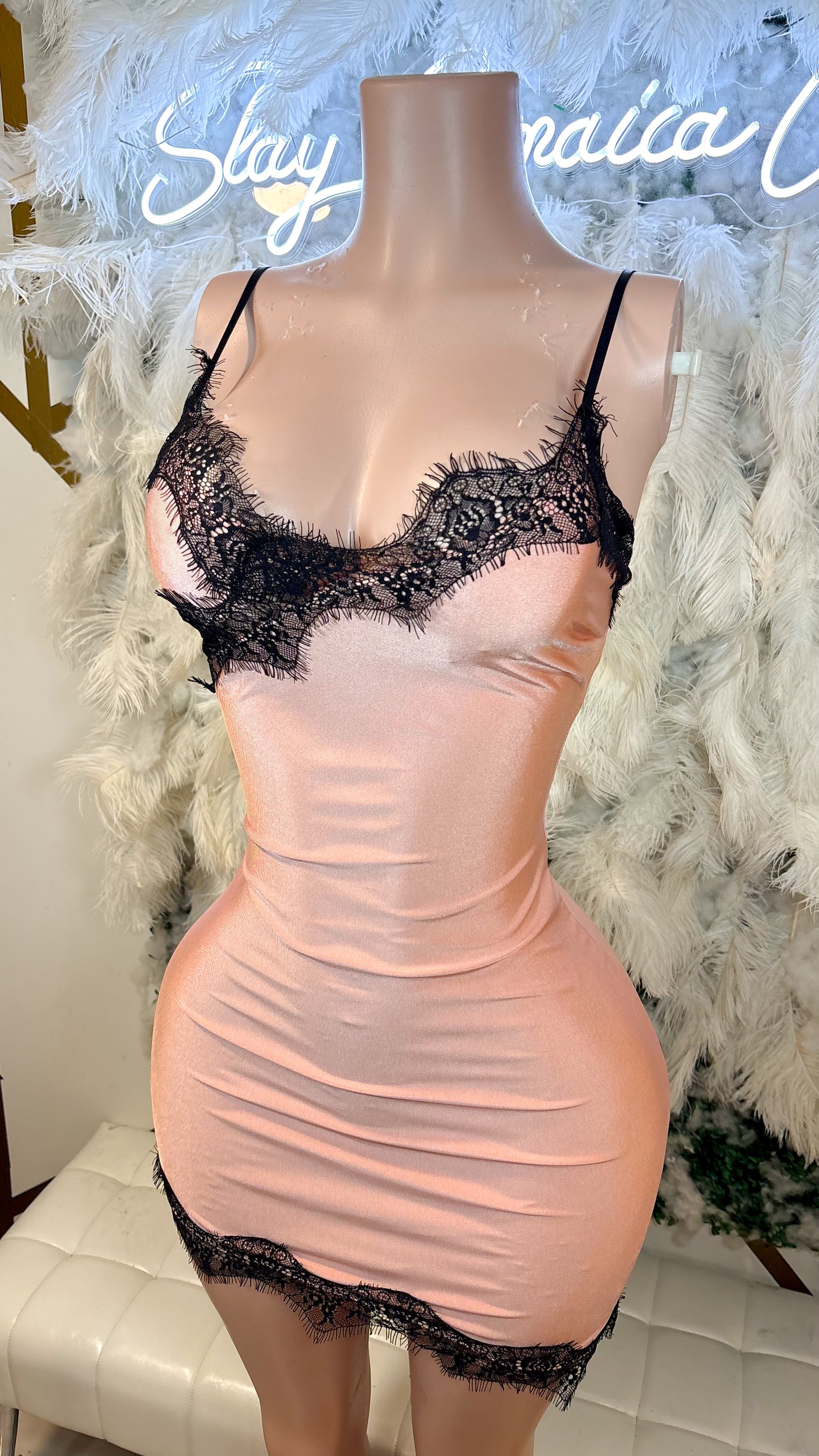 READY TO SHIP Date Night Mini Lace Dress -Peach