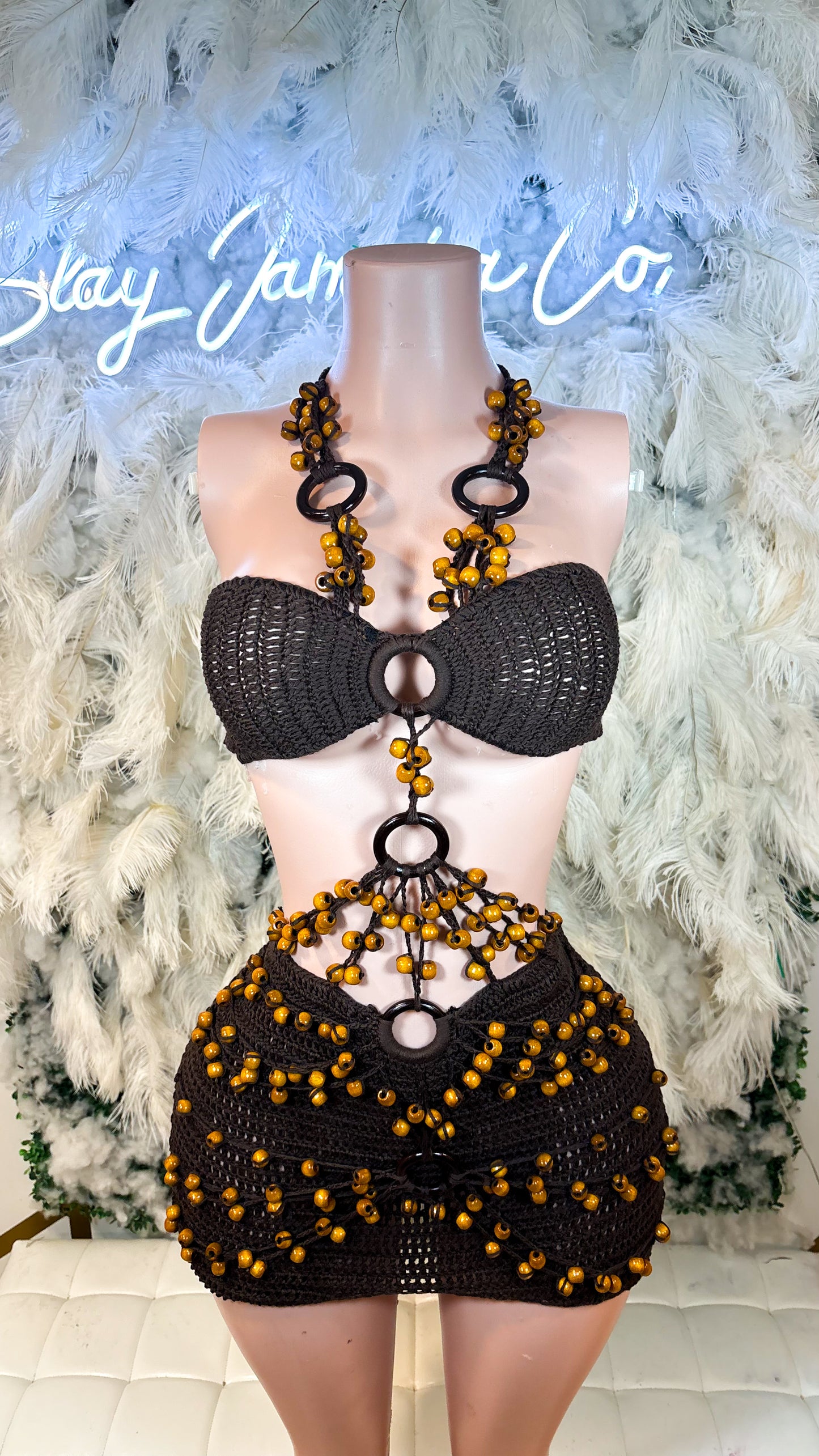 READY TO SHIP Bali Babe Beaded Knitted Mini Dress - Chocolate