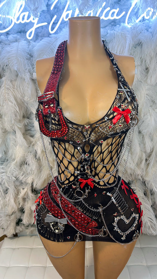 Red Baddie Riding Hood Embellished Fishnet Mesh Dress