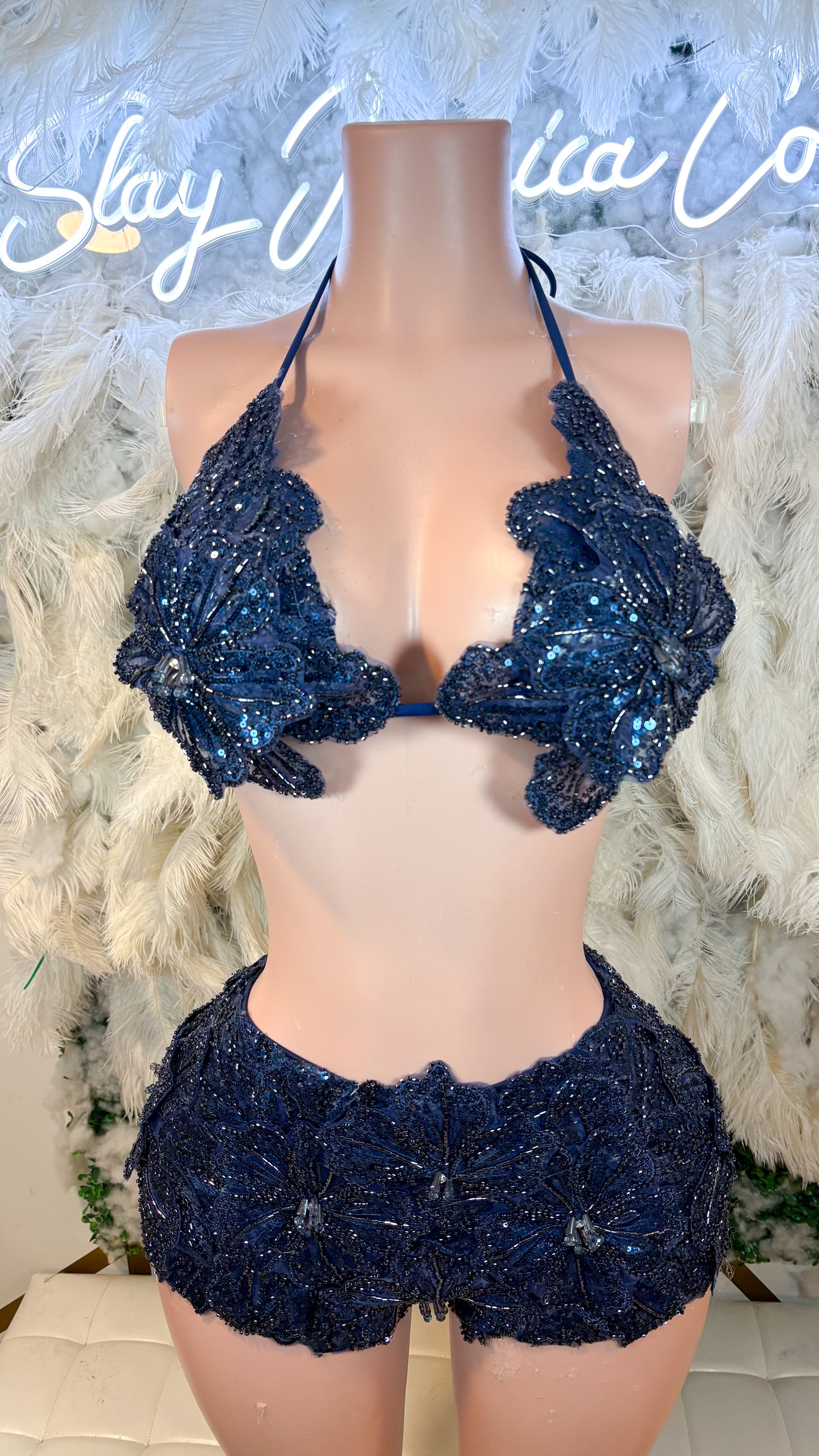 READY TO SHIP Seychelles  Doll Floral Sequin Shorts Set - Navy Blue