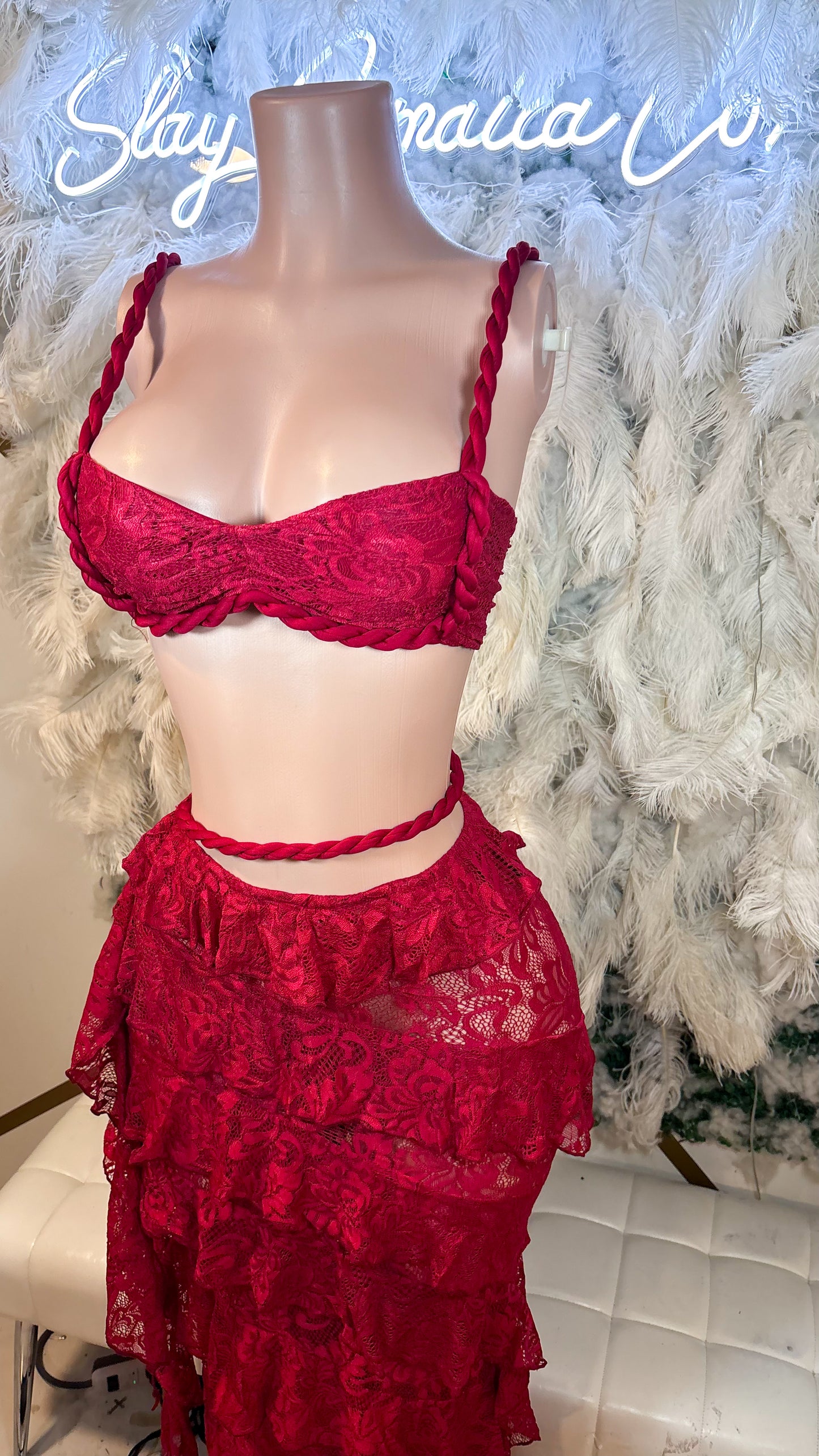 Delicate Thrills And Frills Lace Skirt Set - Red Wine
