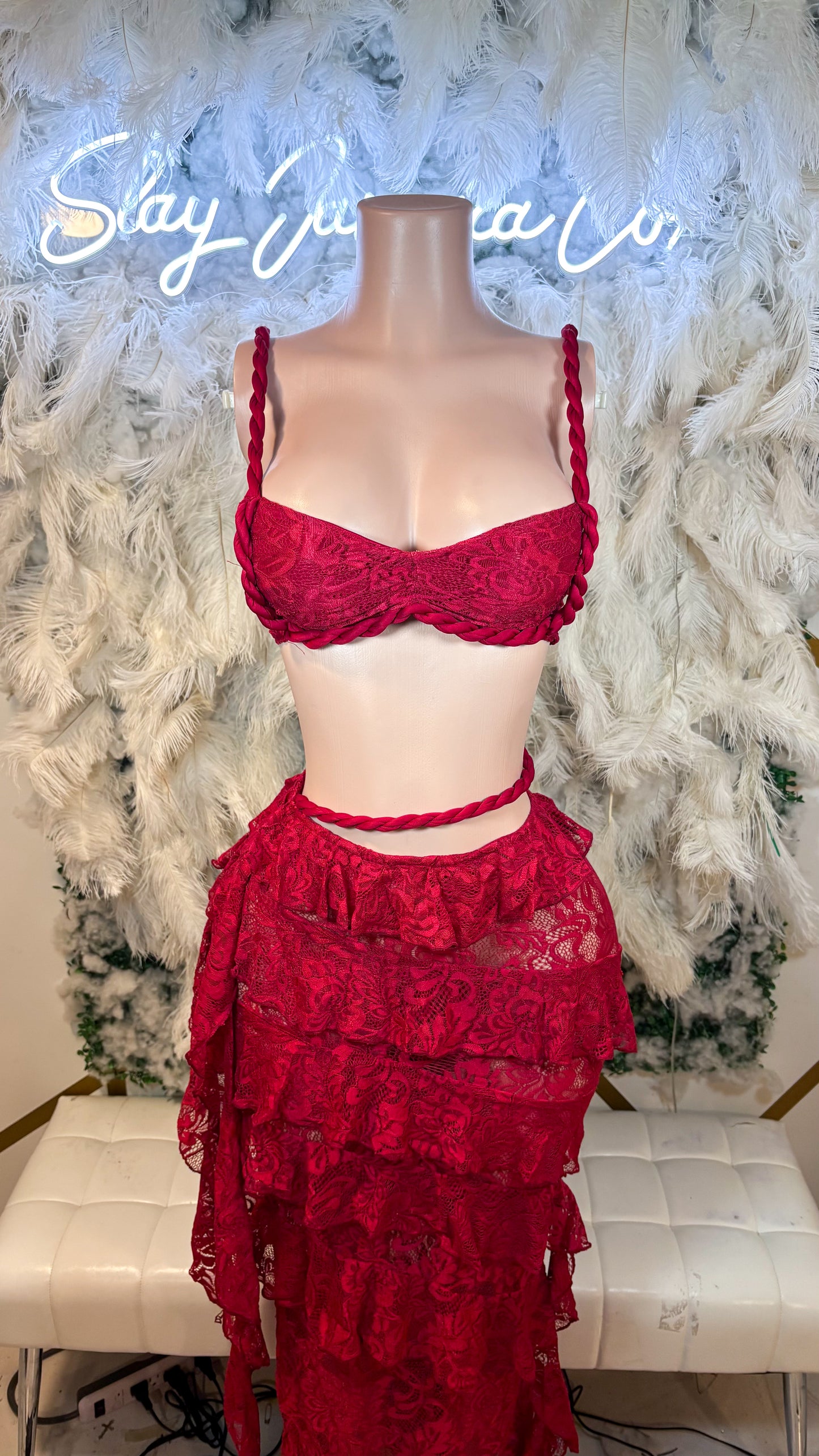 Delicate Thrills And Frills Lace Skirt Set - Red Wine