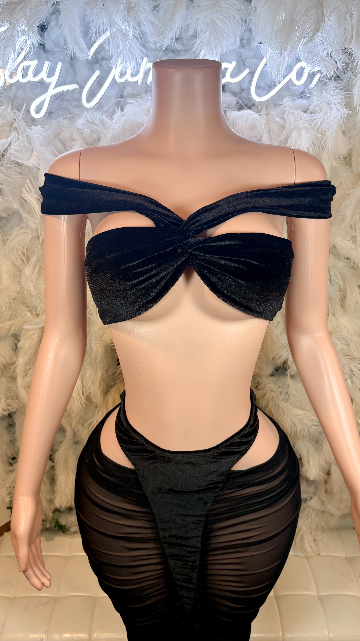 Fire And Desire Mesh Velvet Skirt Set -Black