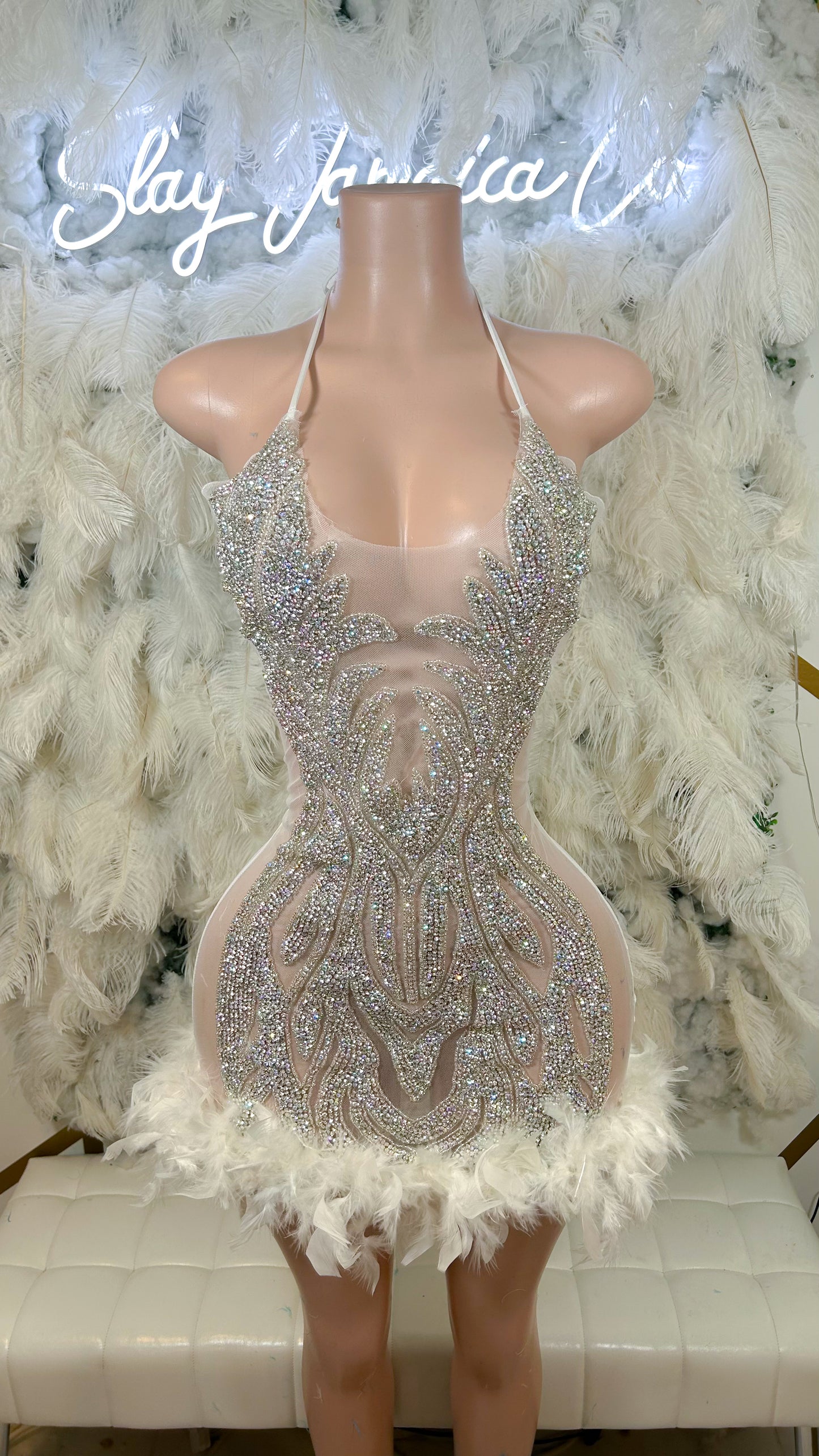 The Og Doll Rhinestone Feather Mini Dress - White