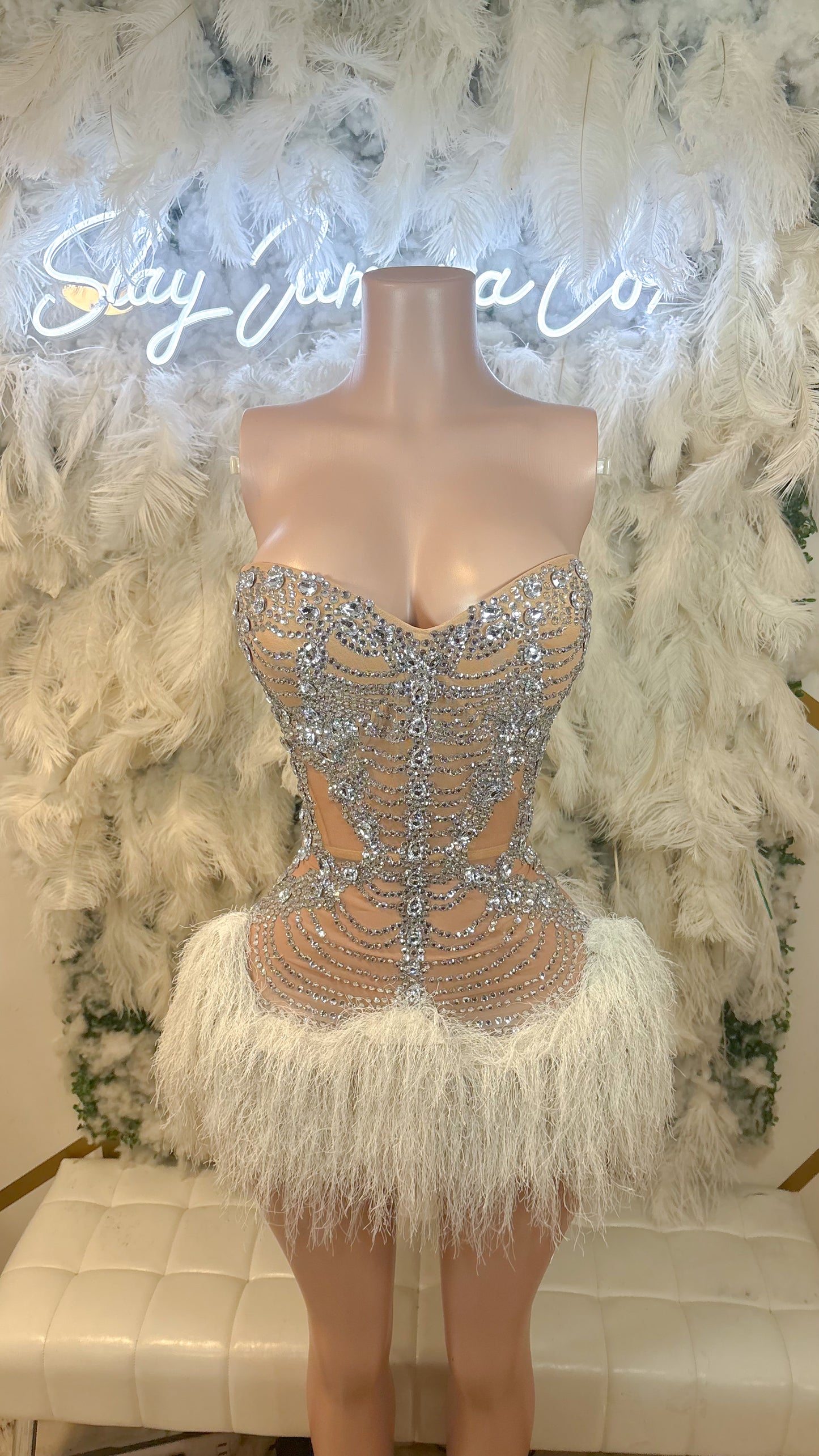 Jaw Dropper Feather Corset Rhinestone Mini Dress