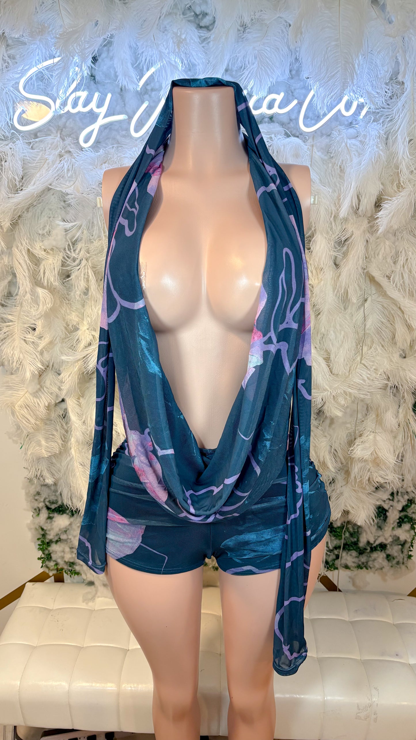 READY TO SHIP Azul Floral Delight Romper With Matching Headscarf