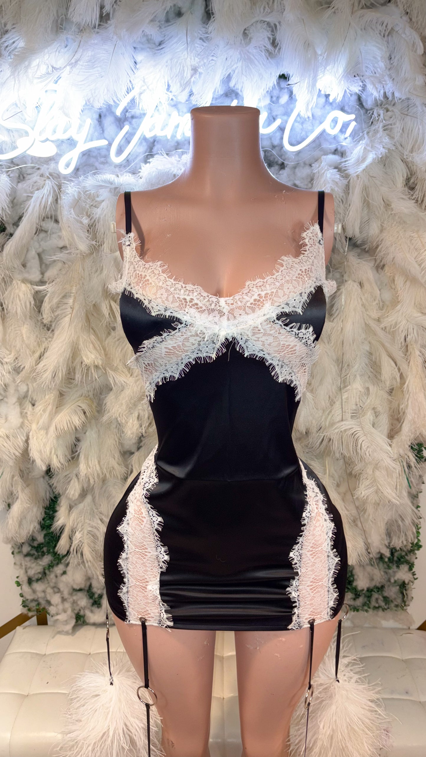 READY TO SHIP Etheral Visions Satin Lace Mini Dress W/ Ostritch Feather Puffs - Black /White