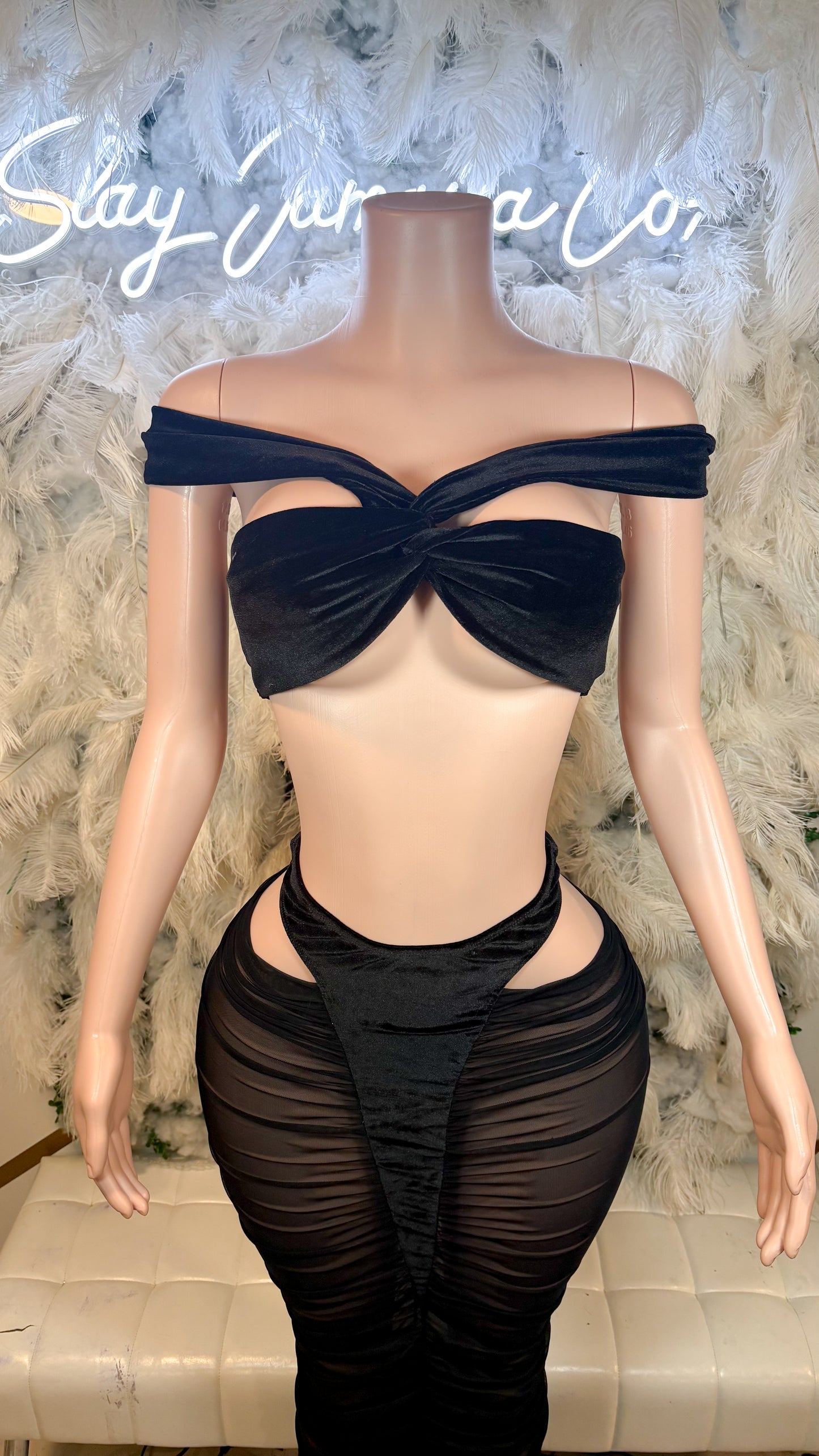 Fire And Desire Mesh Velvet Skirt Set -Black
