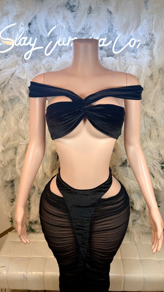 Fire And Desire Mesh Velvet Skirt Set -Black