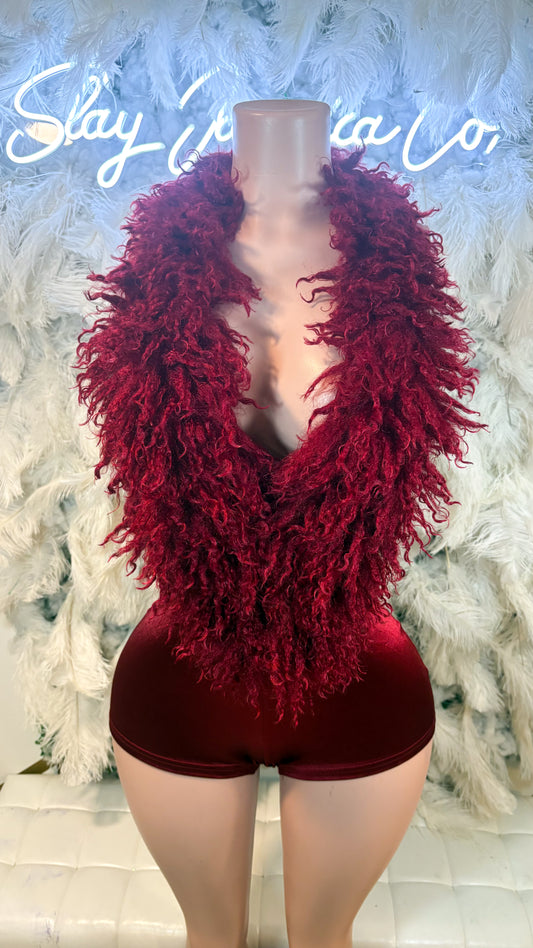 Allure Lifestyle Mongolian Fur Romper- BURGUNDY