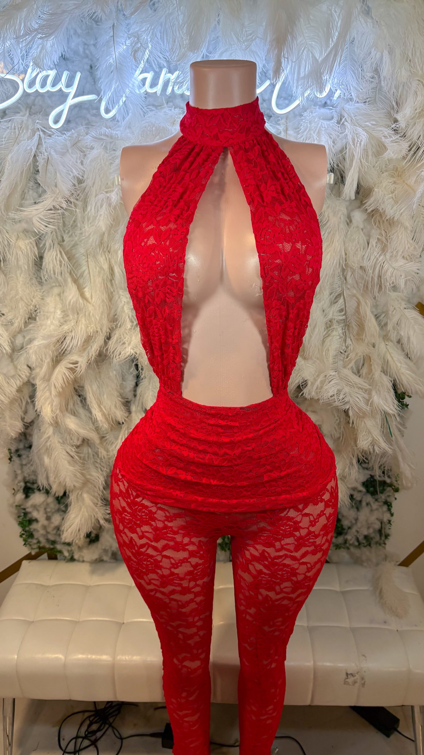 Romantic Mood Lace Jumpsuit- Red