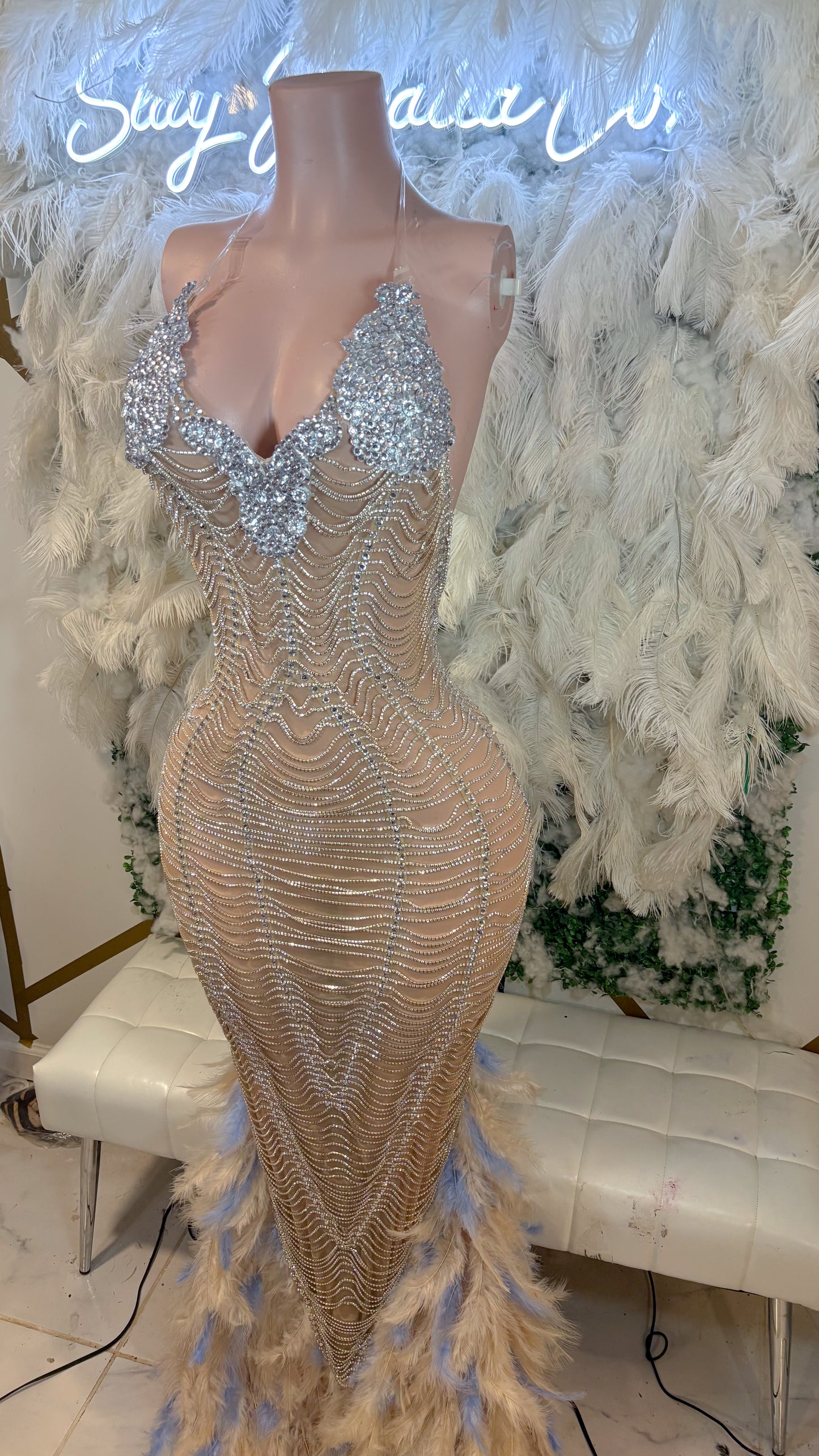 READY TO SHIP Regal Affairs Rhinestone Multicolred Feather Maxi
