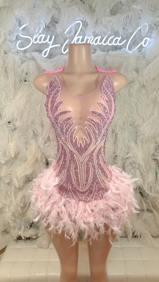 PREORDER ONLY Pink Passion Rhinestone Luxury Feather Mini Dress