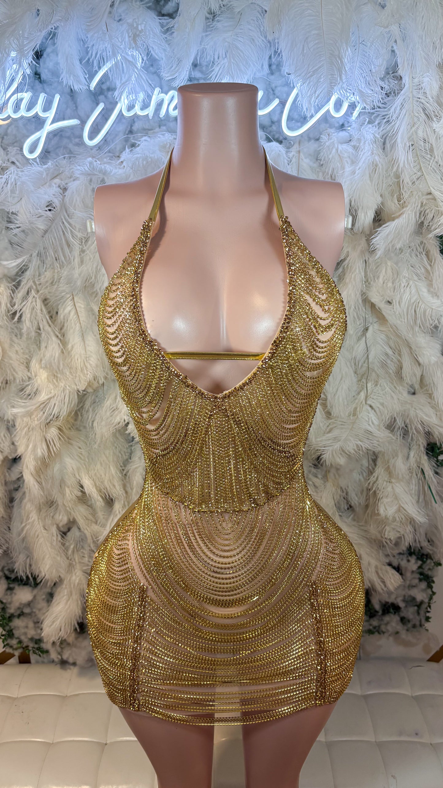 Preorder Only Keep Them Talking Chain Luxe Mini Dress - Gold