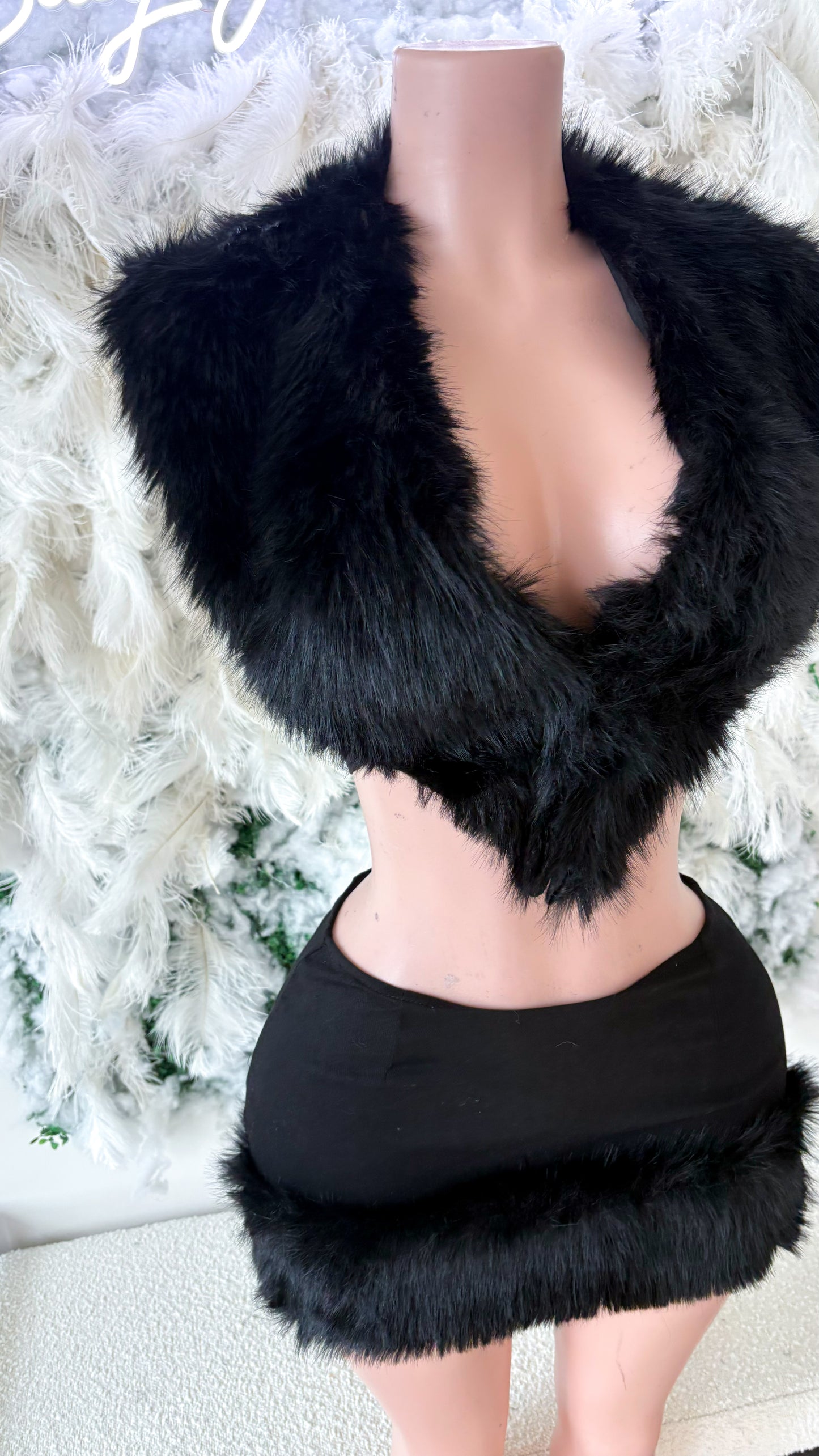 READY TO SHIP It’s  Giving Rich Vibes Fur Skirt Set -  Black