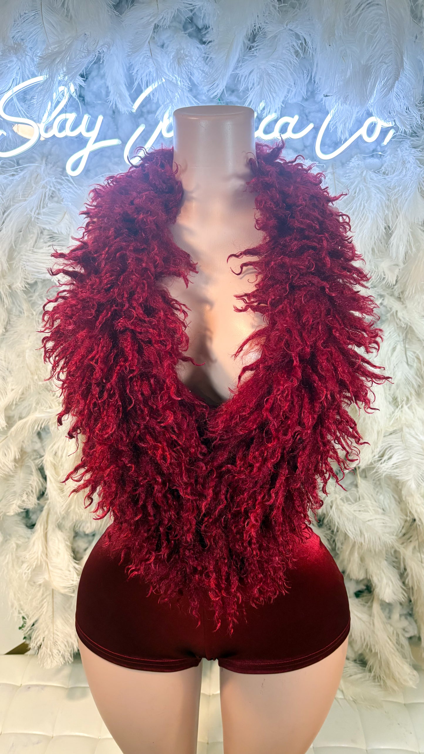 Allure Lifestyle Mongolian Fur Romper- BURGUNDY