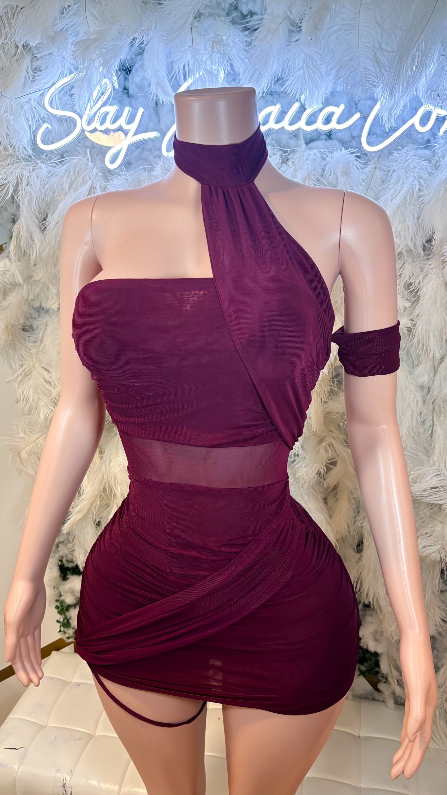 Miss Independent Ruched Mesh Mini Dress - Wine