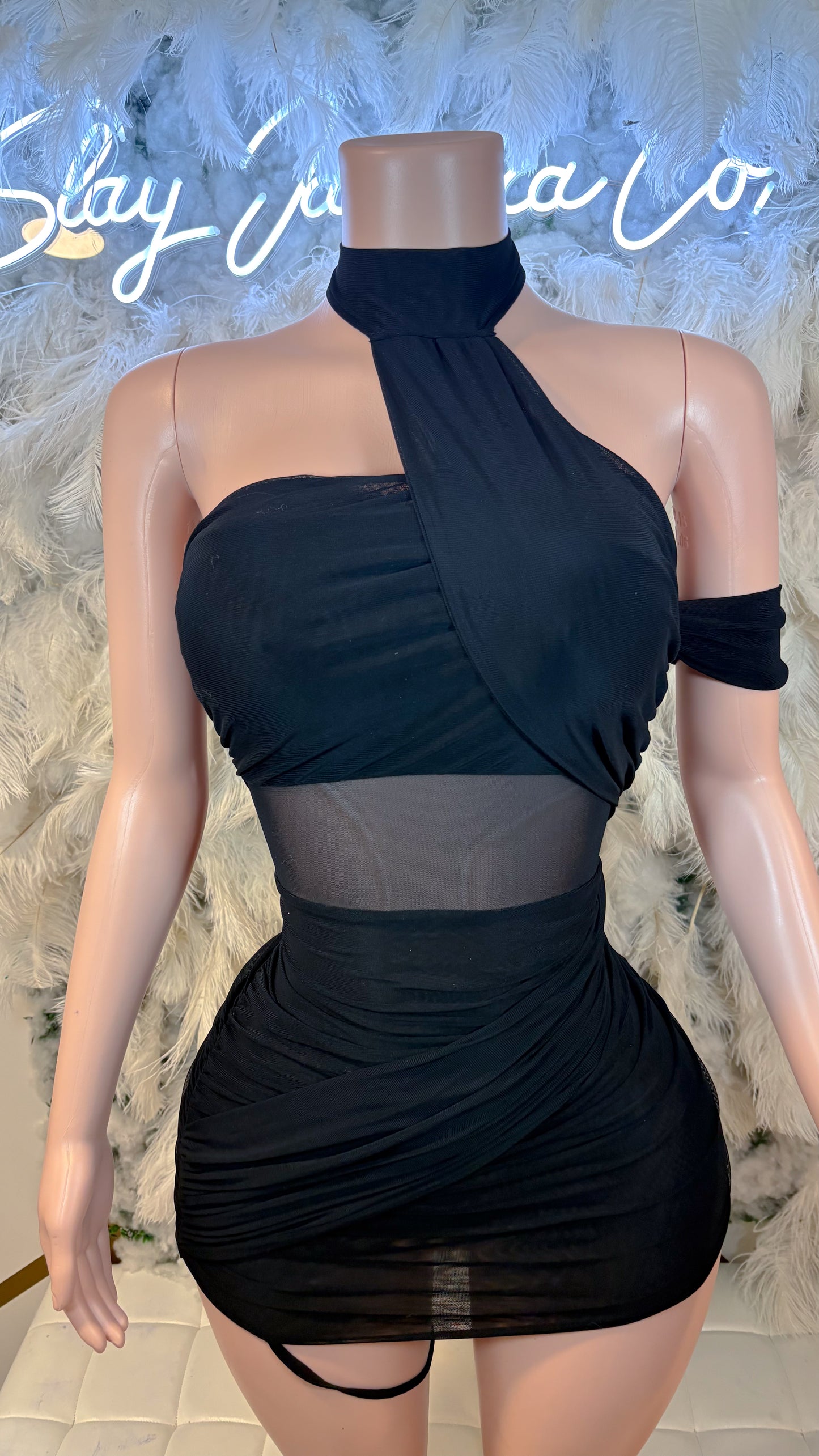 Miss Independent Ruched Mesh Mini Dress - Black