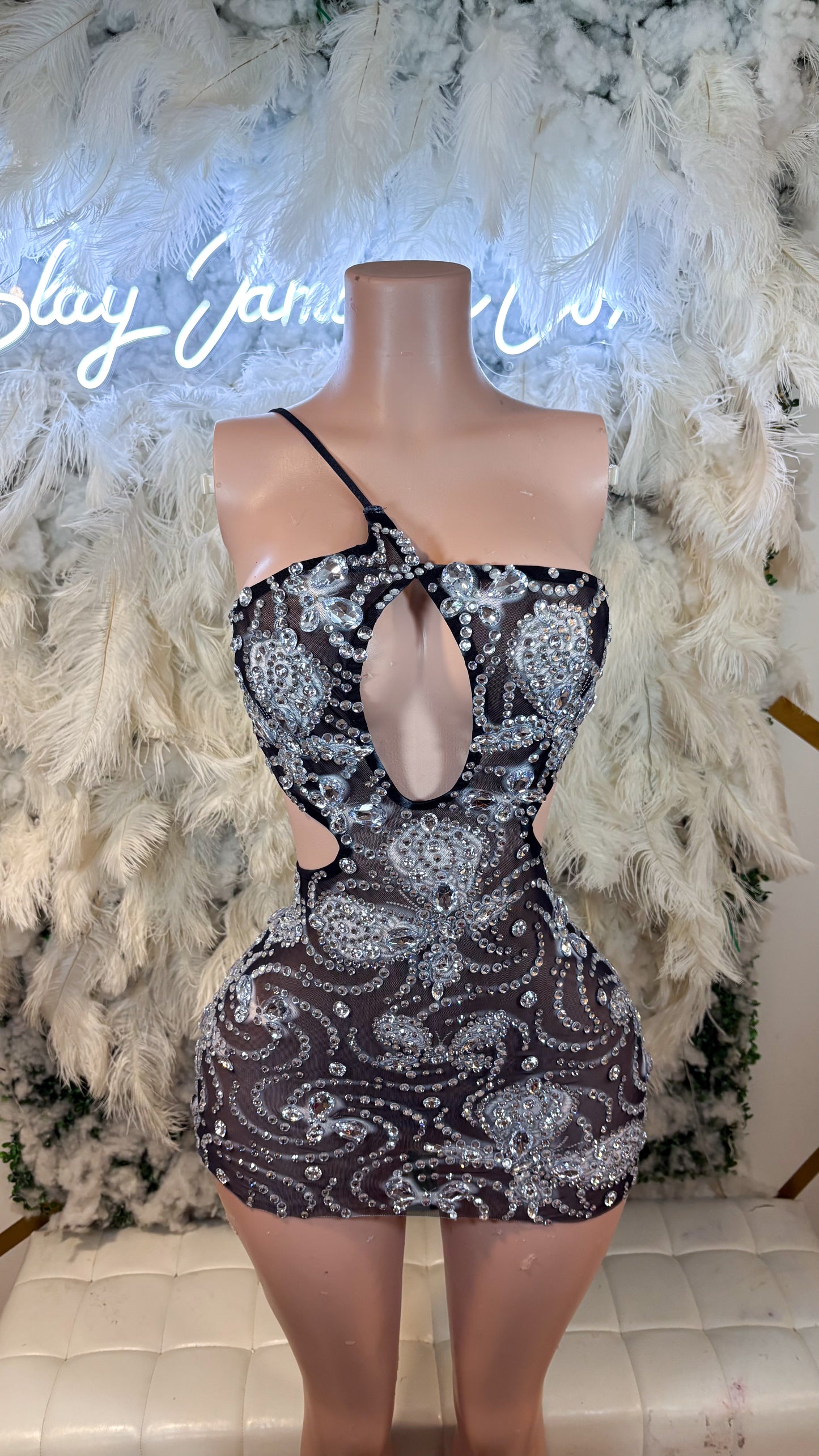 READY TO SHIP Black Swan Rhinestone Mini Dress