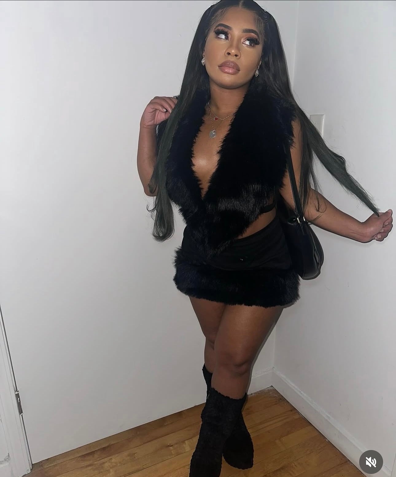 READY TO SHIP It’s  Giving Rich Vibes Fur Skirt Set -  Black