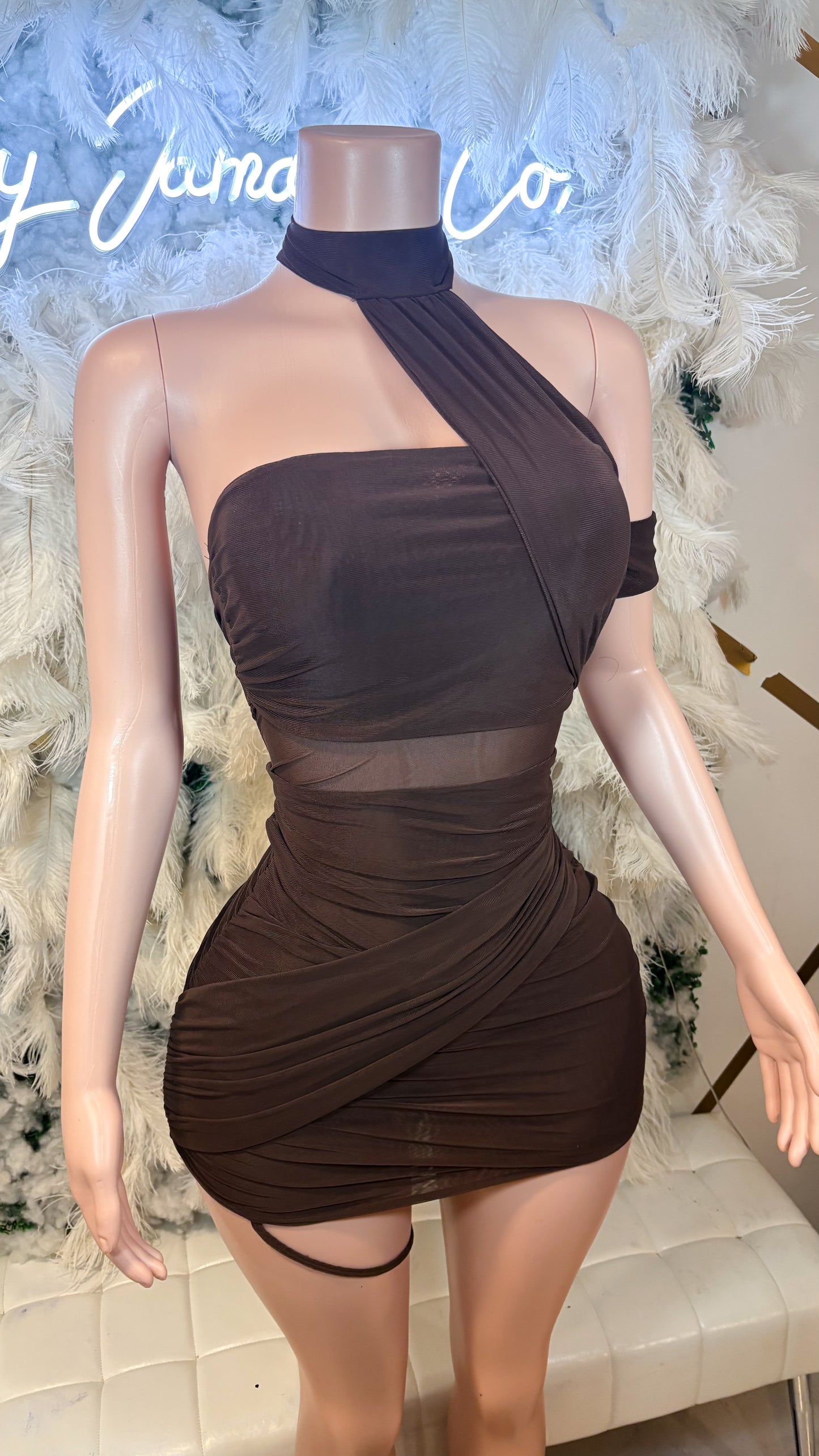 READY TO SHIP Miss Independent Ruched Mesh Mini Dress - Brown