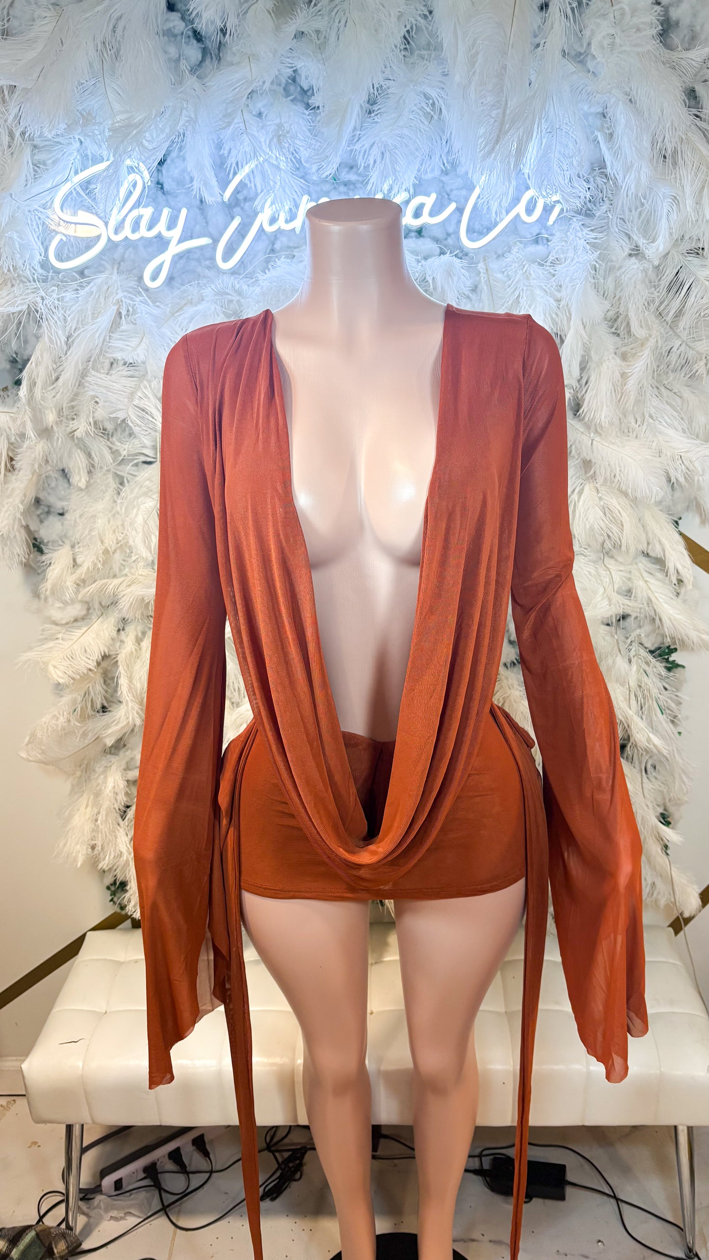 Her Main Attraction Draped Mesh Dress - Burnt Orange