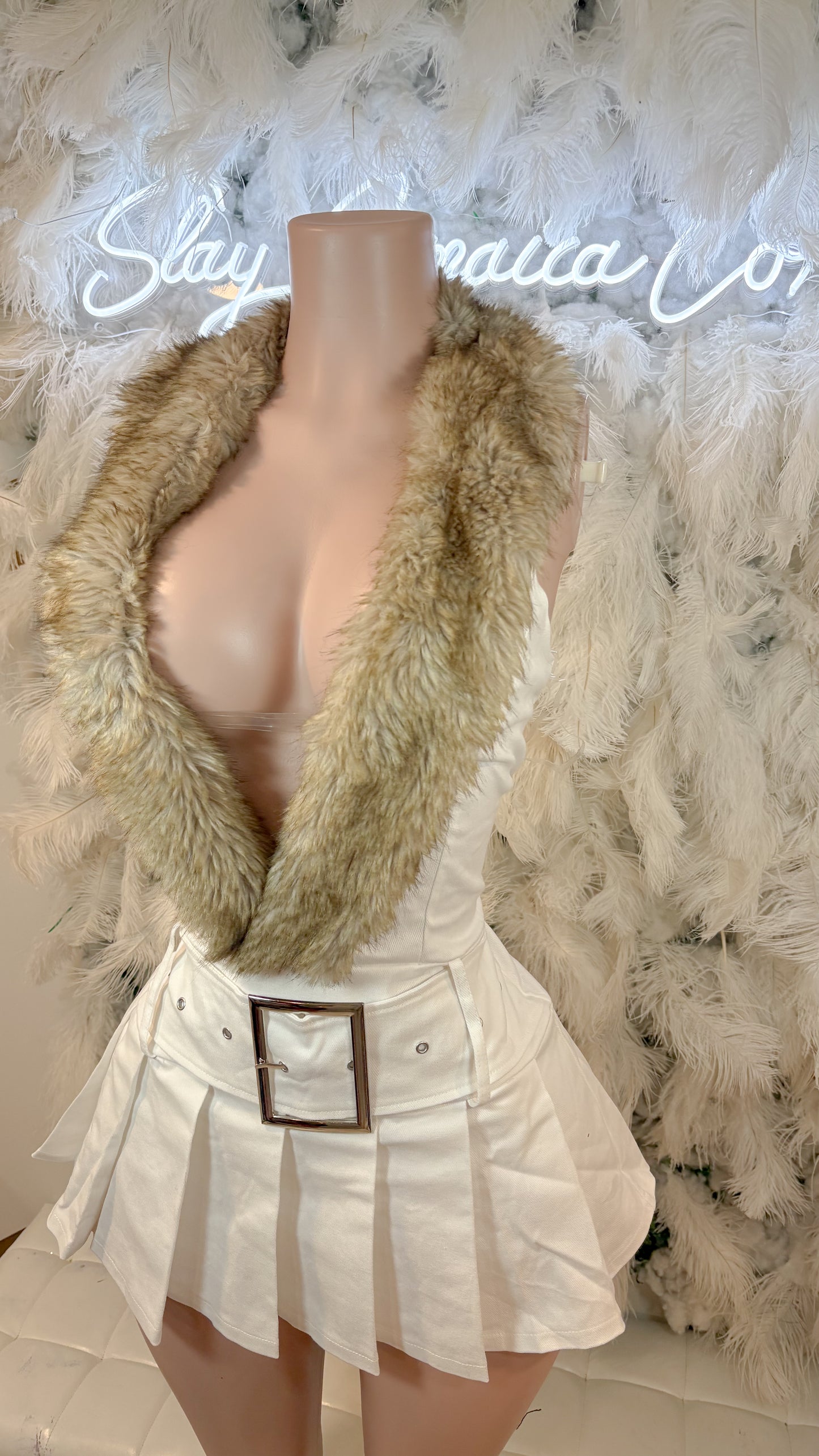 READY TO SHIP A Bad Bitch Never Gets Cold Fur Denim Dress - White