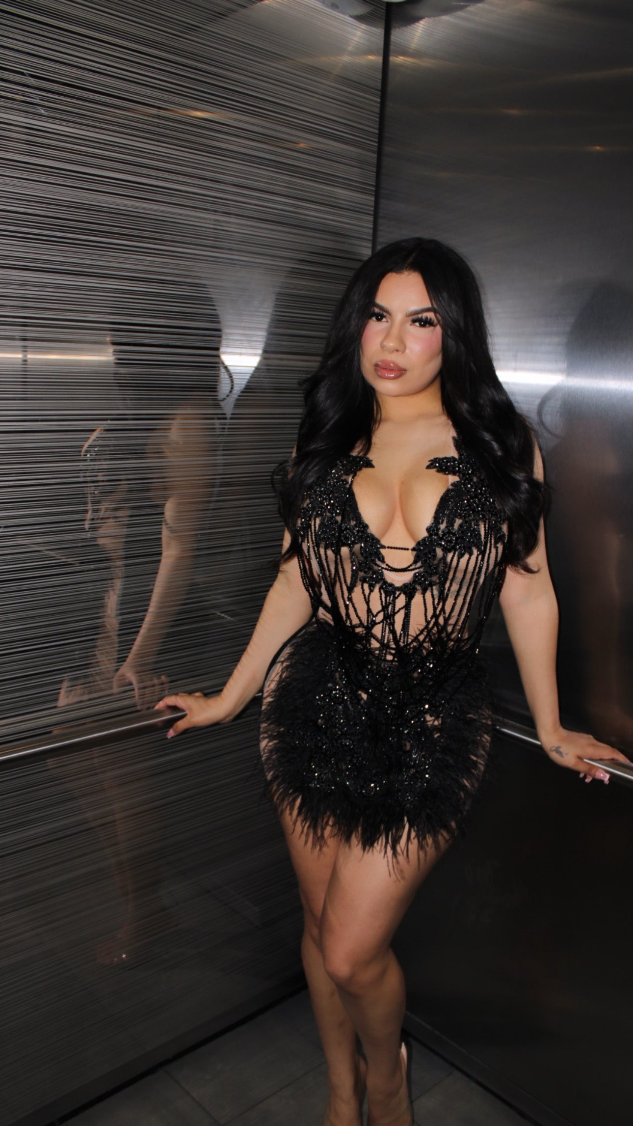 READY TO SHIP The Baddest Of Them All Feather Rhinestone Mini Dress